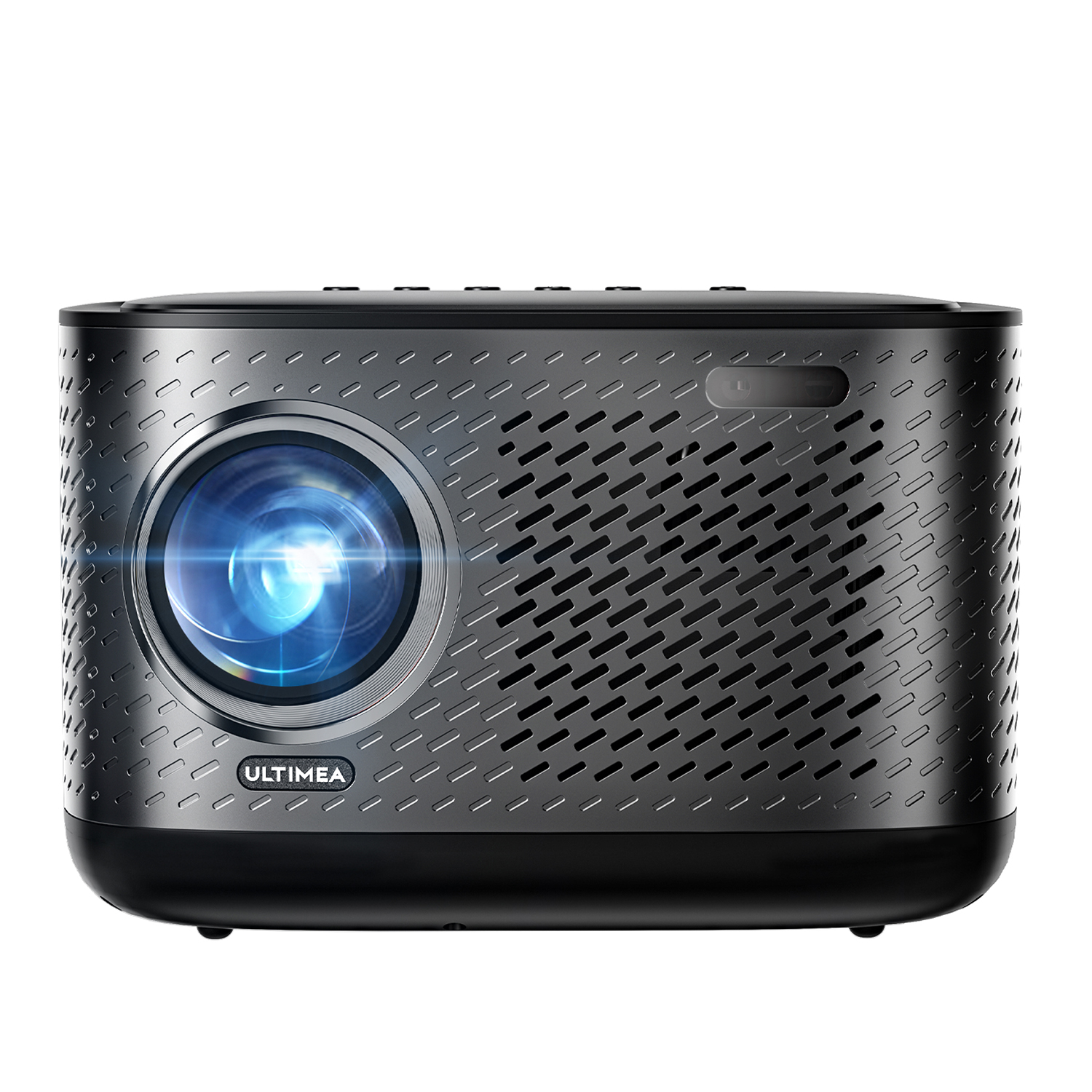 Proyector, gris oscuro con lente. Tiene un logotipo ULTIMEA. Parte superior e inferior negras.