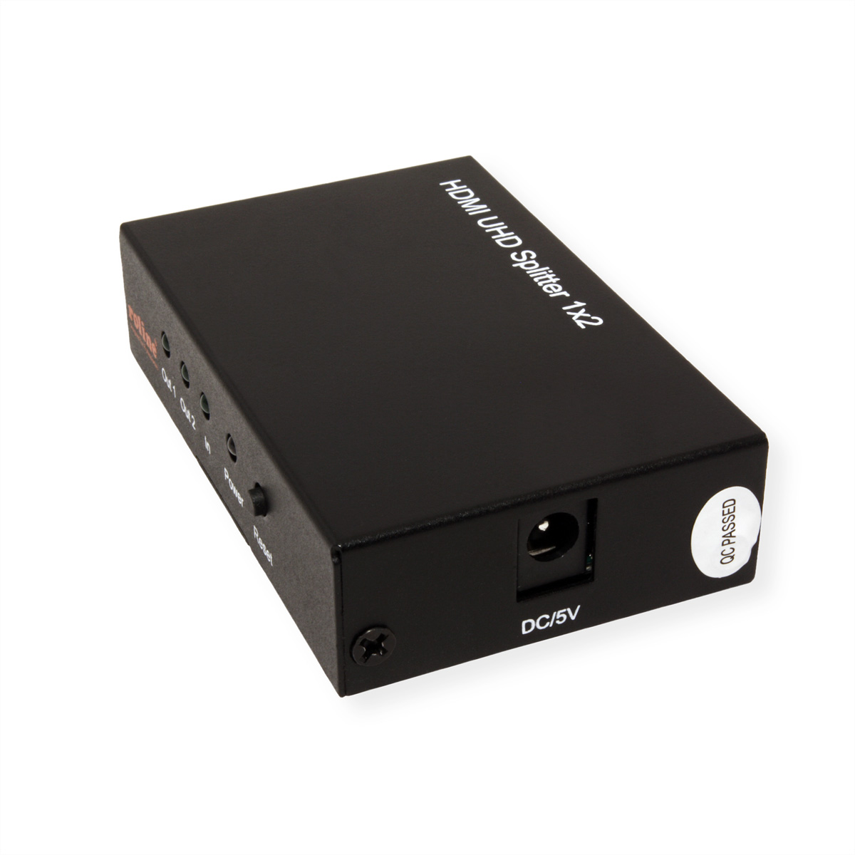 Diviseur HDMI noir avec étiquettes, entrée d'alimentation et autocollant QC approuvé.