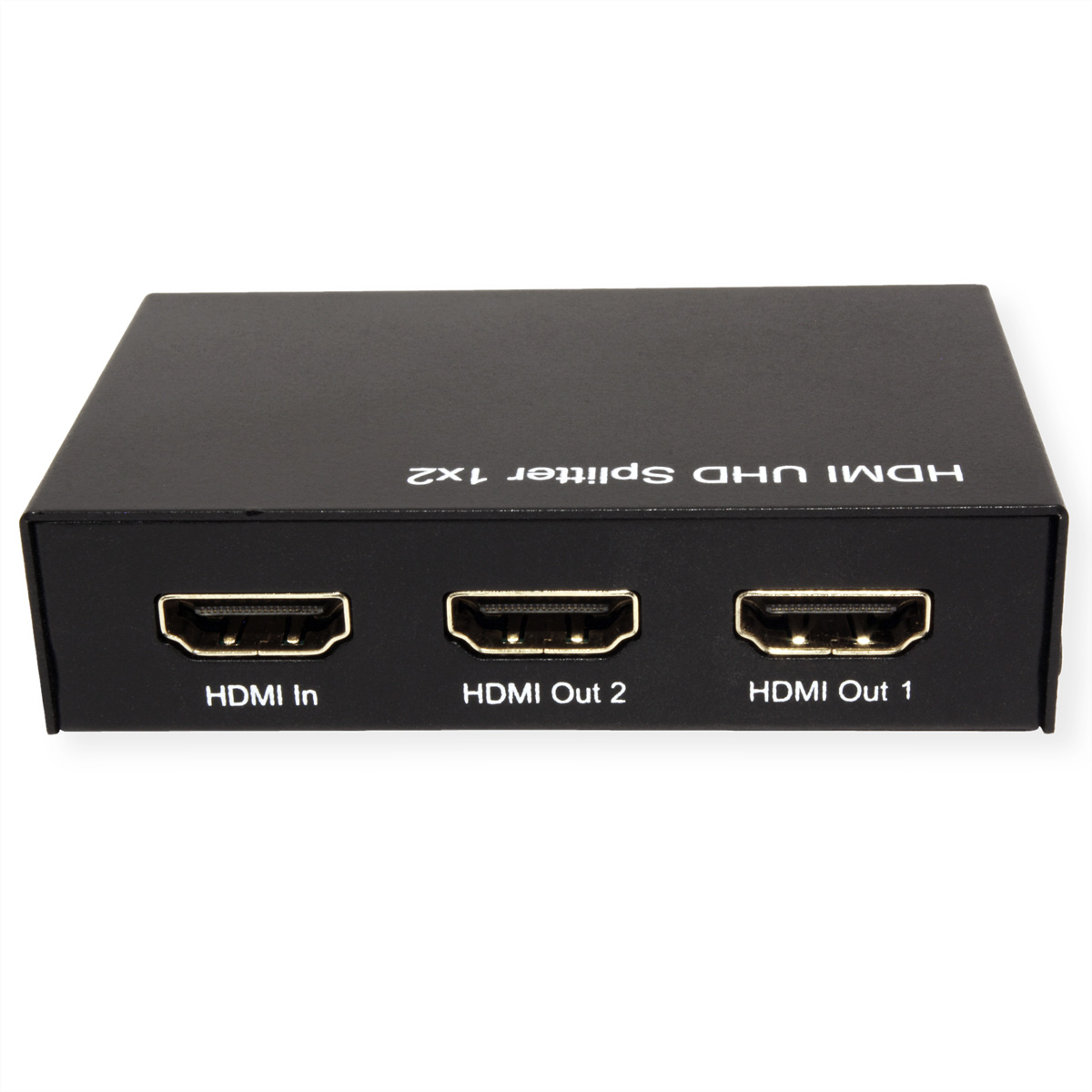 Un répartiteur HDMI UHD noir avec trois ports HDMI : HDMI In, Out 2 et Out 1, sur une surface blanche.