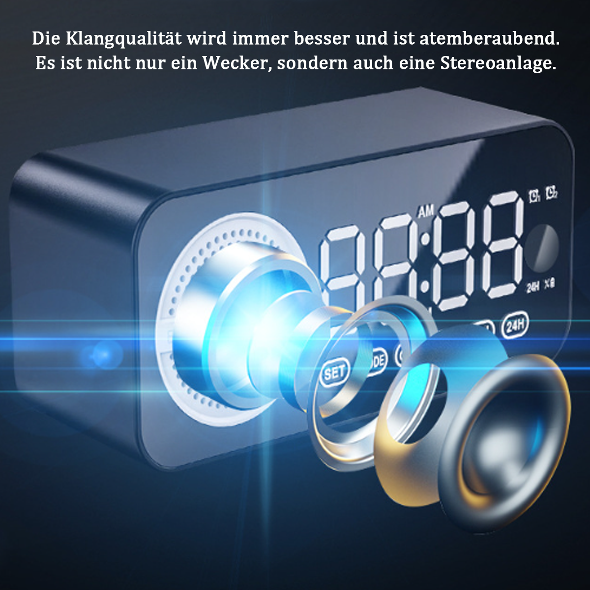 Ein schwarzes Radiowecker mit Digitalanzeige und zwei Lautsprechern.