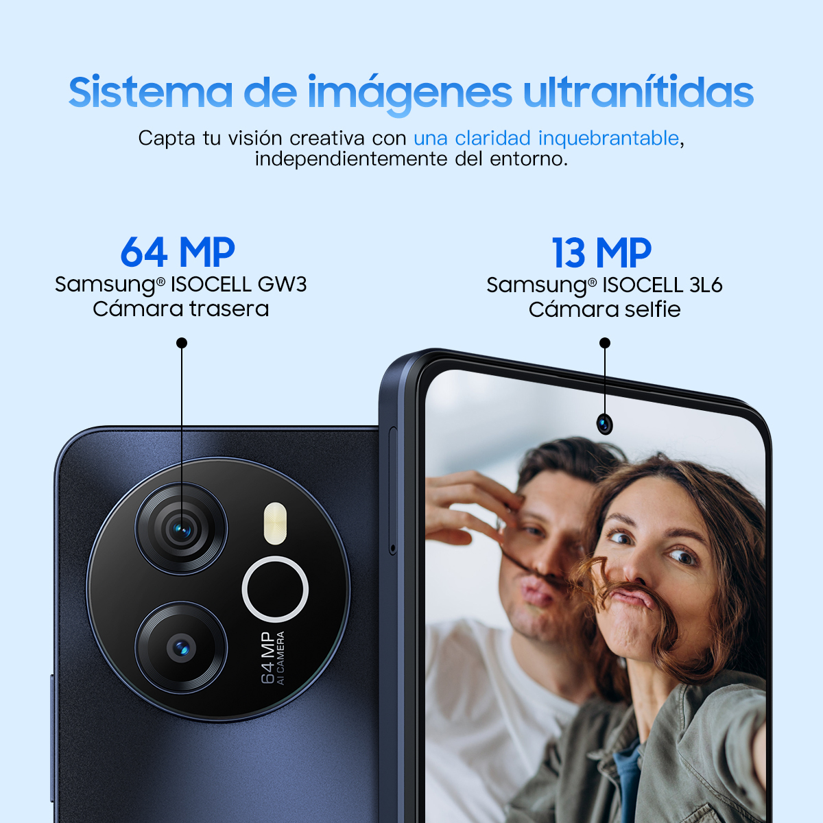 Uno smartphone con la fotocamera posteriore e un selfie di due persone con finti baffi.