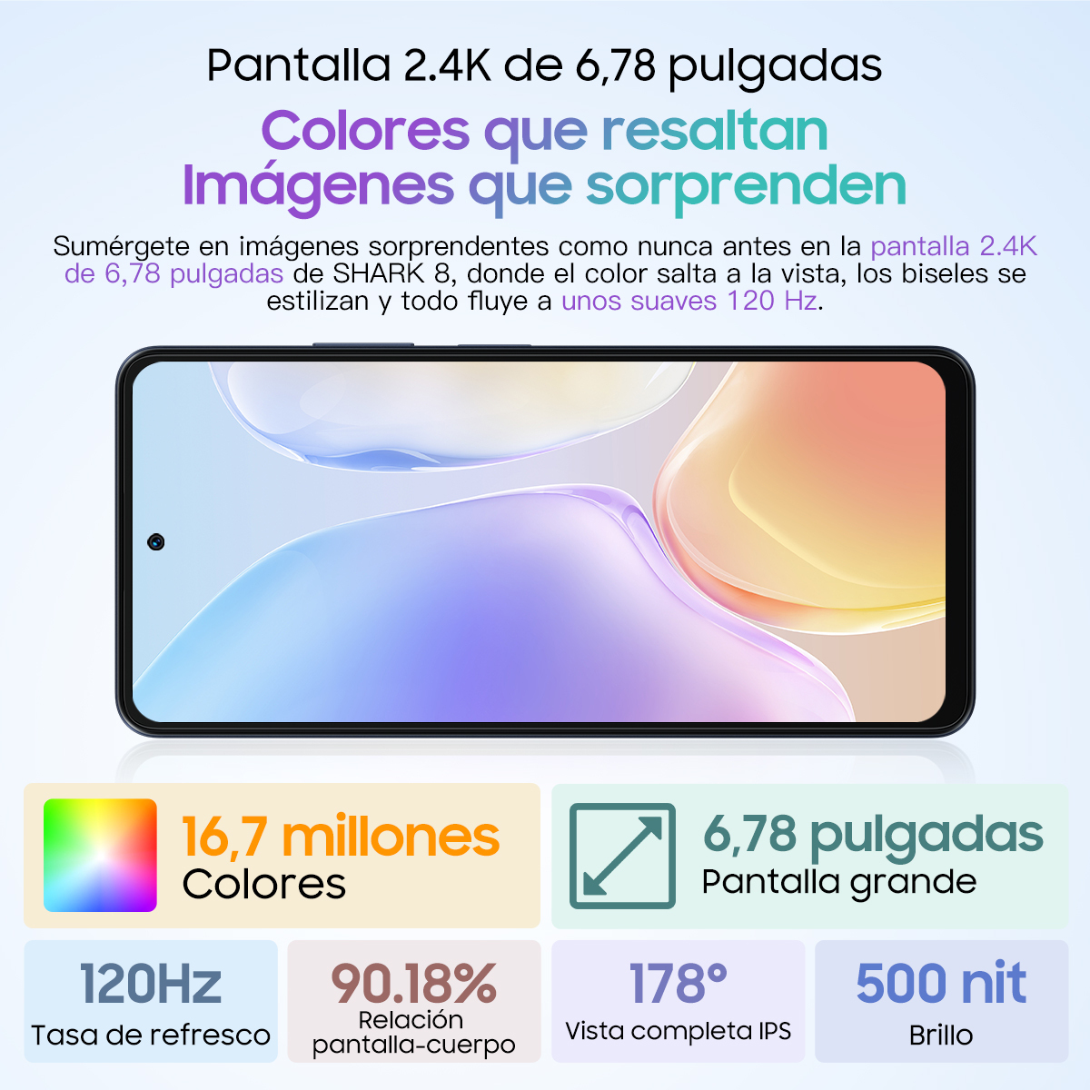 Schermo di smartphone con grafica colorata e testo che evidenzia le caratteristiche.
