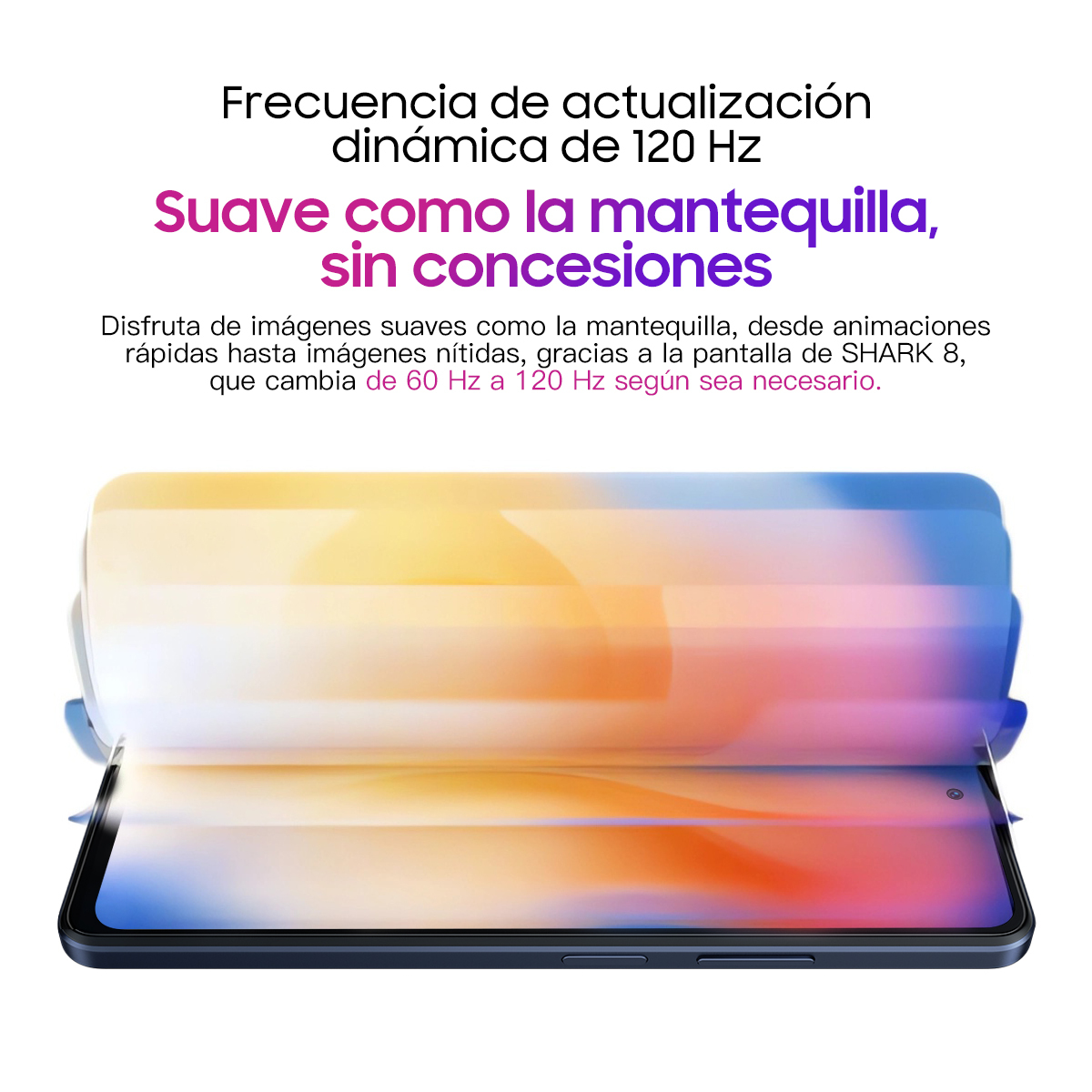 Schermo di smartphone con testo: Frequenza di aggiornamento dinamica a 120 Hz. Liscio come burro.