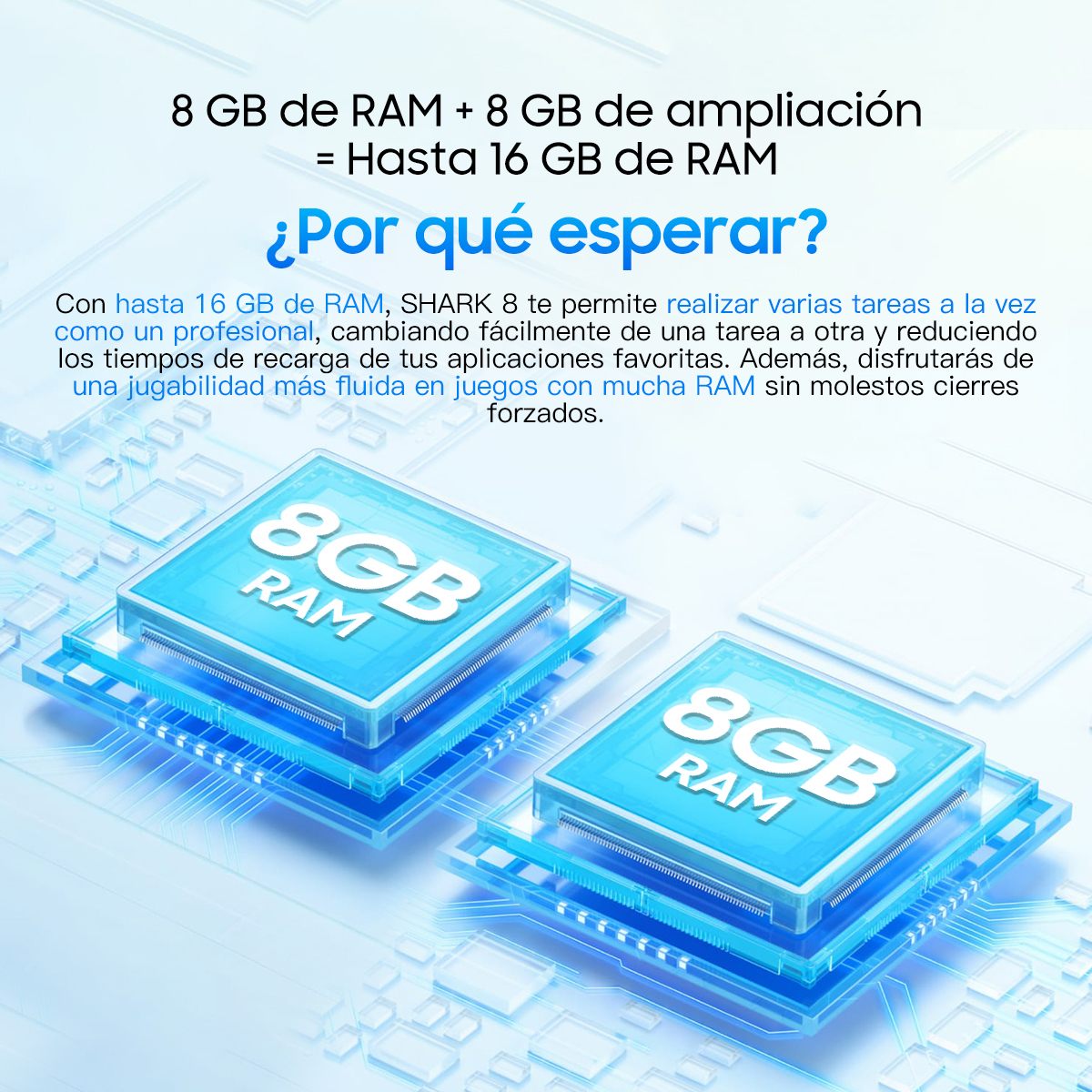 Due moduli RAM. Il testo indica 16 GB di capacità RAM. Sfondo blu con dettagli del circuito.