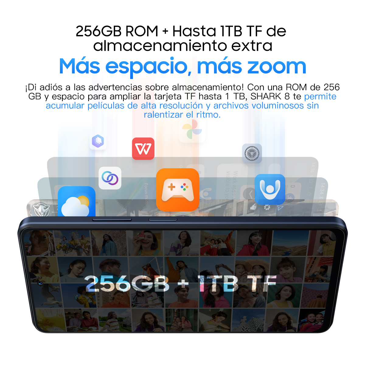 Un telefono con icone di app sullo schermo, con testo sullo spazio di archiviazione.