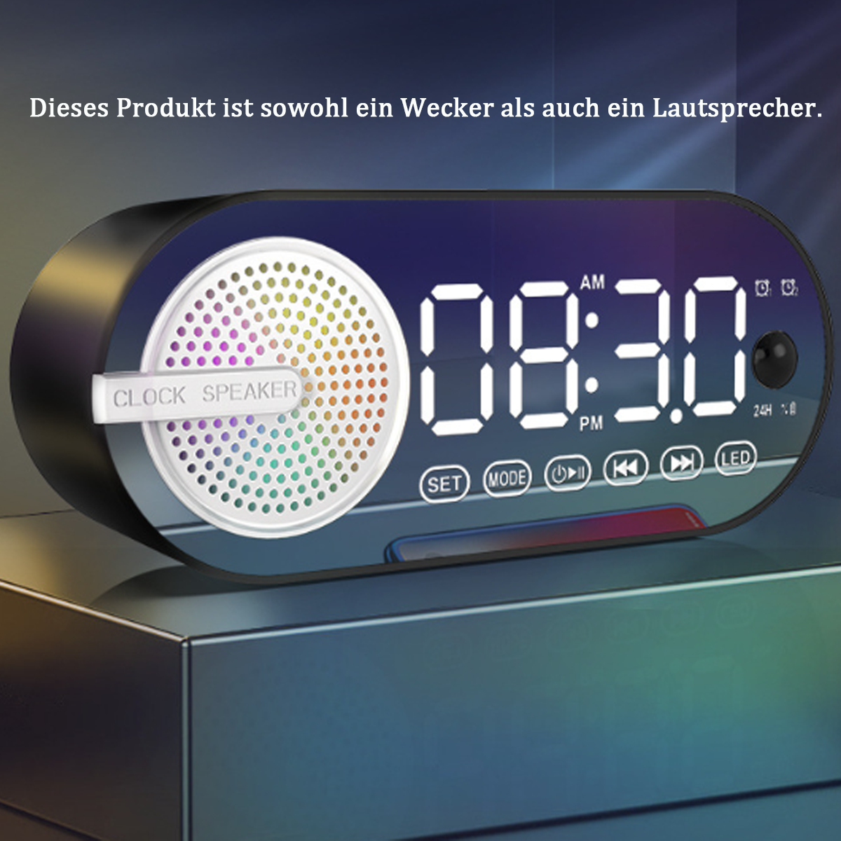 Digitaler Wecker-Lautsprecher. Zeigt die Uhrzeit an. Text: Dieses Produkt ist Wecker und Lautsprecher.