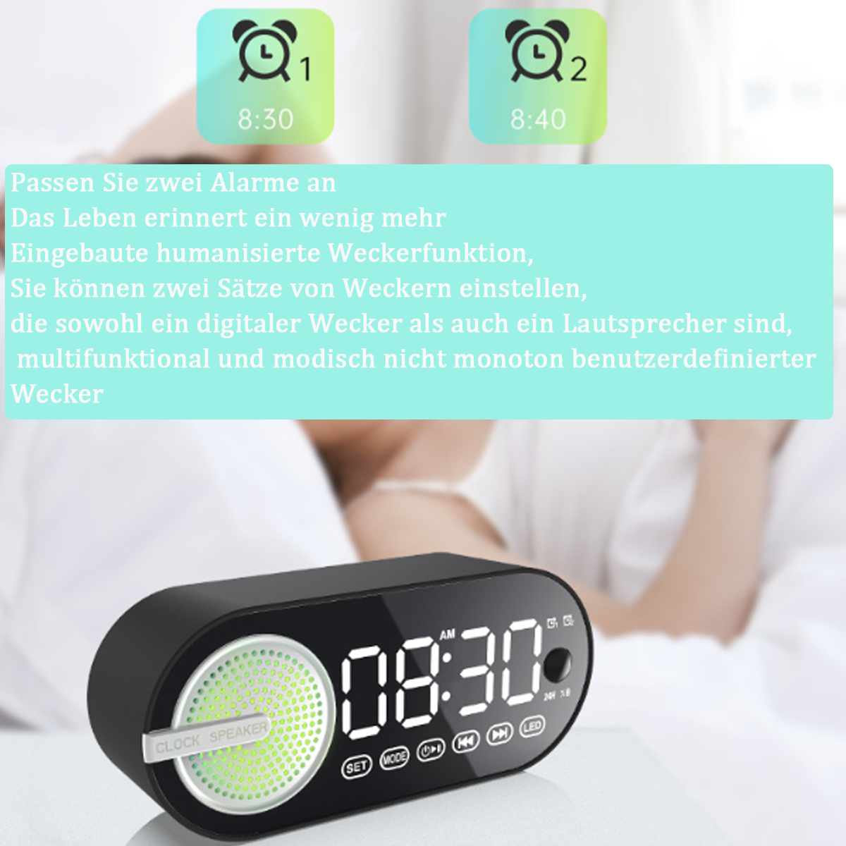 Schwarze Digitaluhr mit grüner Anzeige und Text. Grün-violetter Hintergrund.