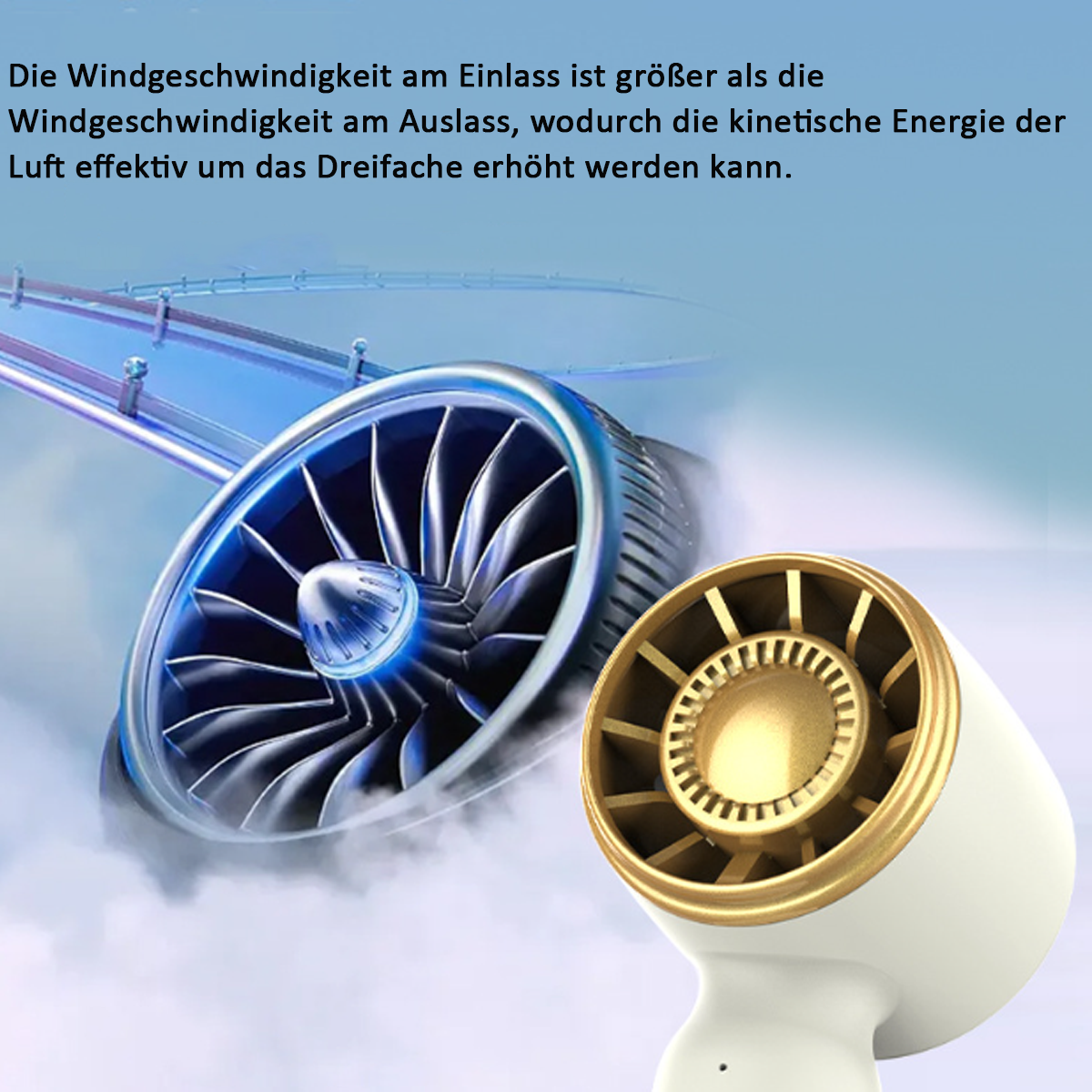 Diagramm einer Turbine mit Text, Blau- und Goldfarben dominieren.