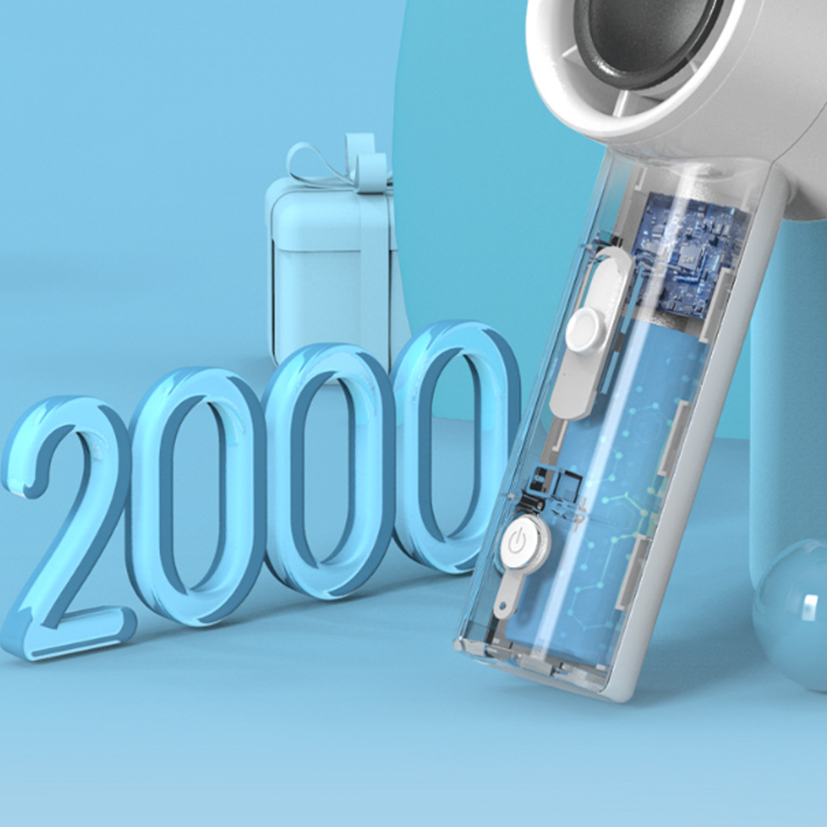 Blauer Hintergrund mit der Zahl 2000. Rechts ein transparentes Gerät mit internen Komponenten.
