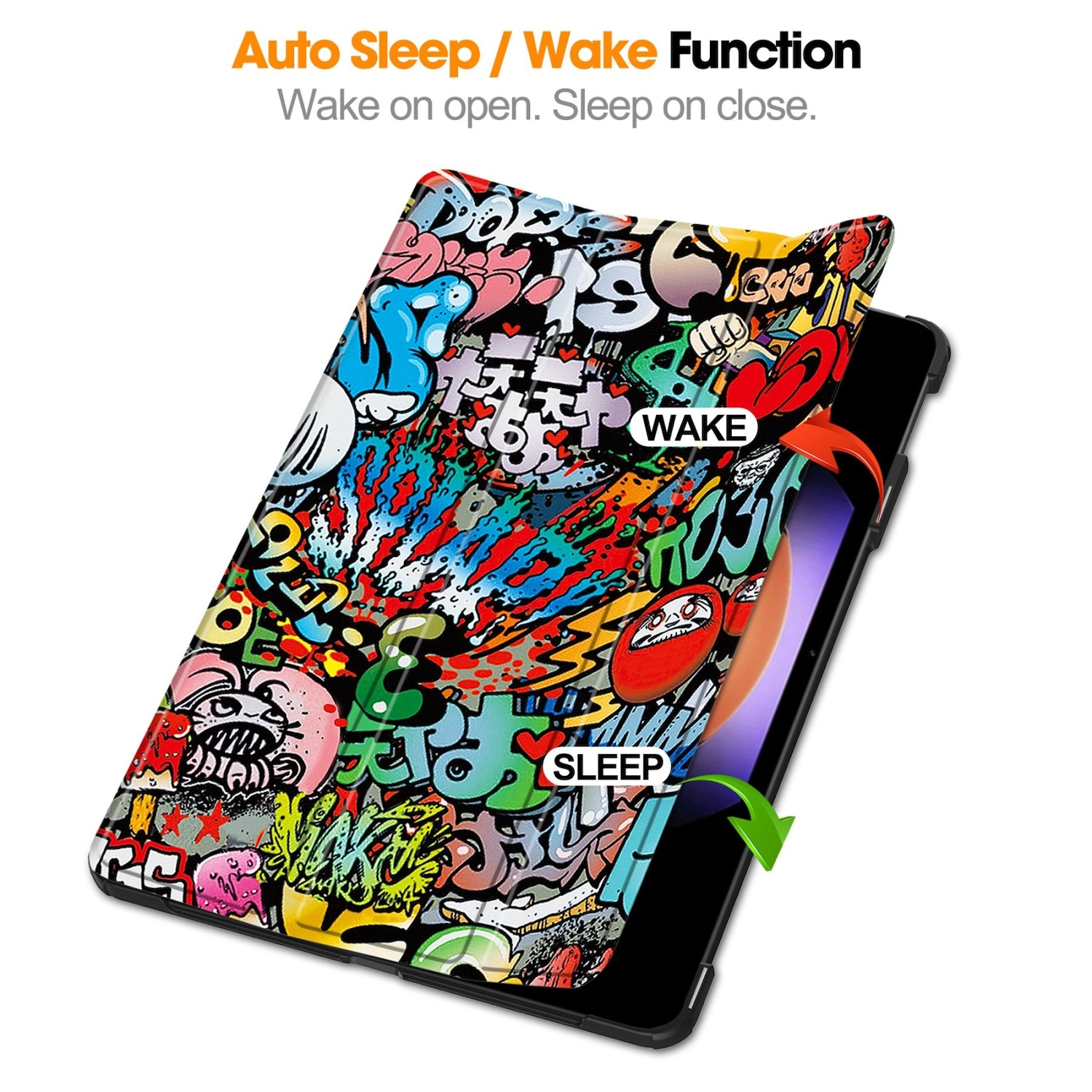 Tablet-Hülle mit Graffiti-Design. Text lautet 'Wake' und 'Sleep'. Grüner Pfeil zeigt Schließen/Öffnen.