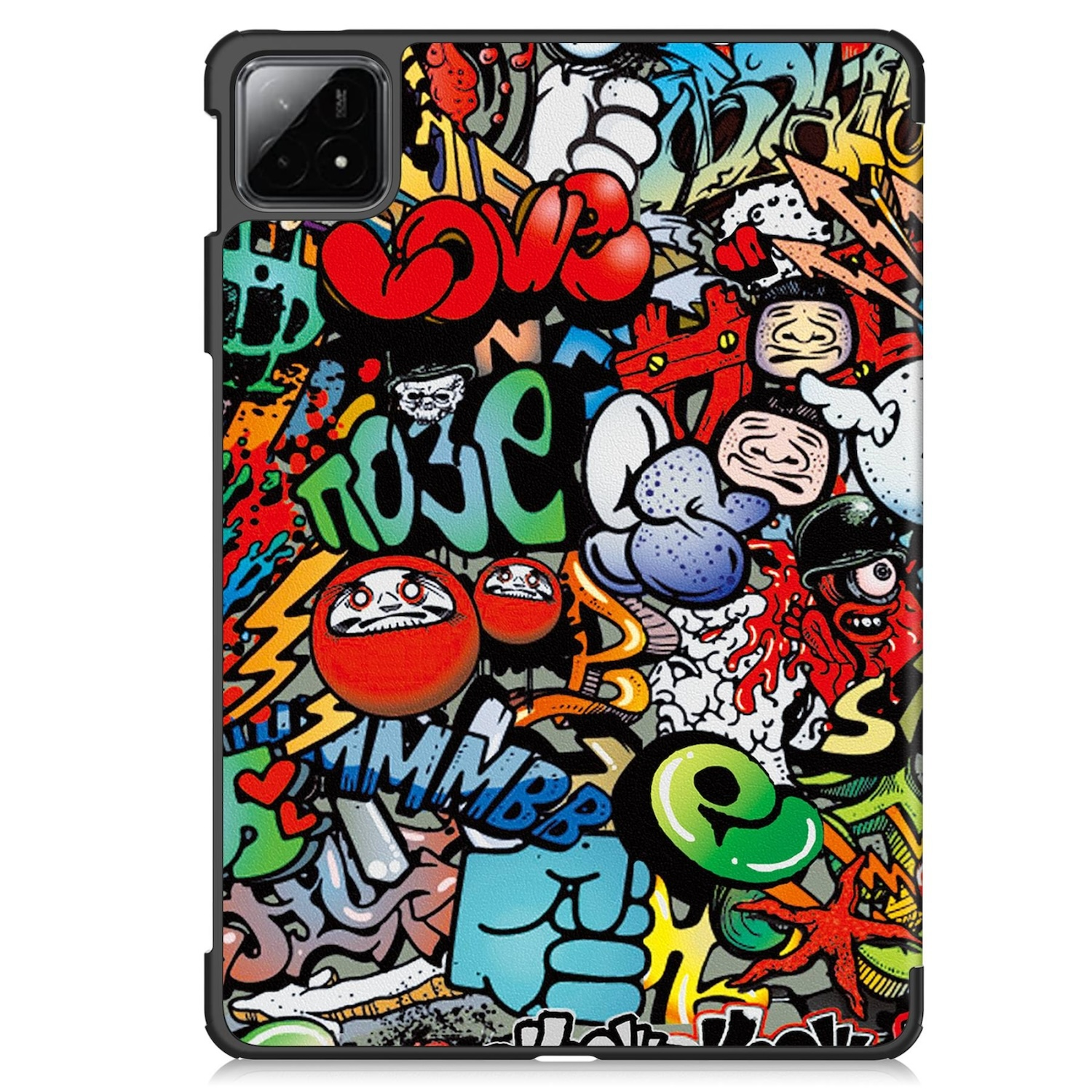 Tablet-Hülle mit bunter Graffiti-Kunst, einschließlich Wörtern und Cartoon-Gesichtern.