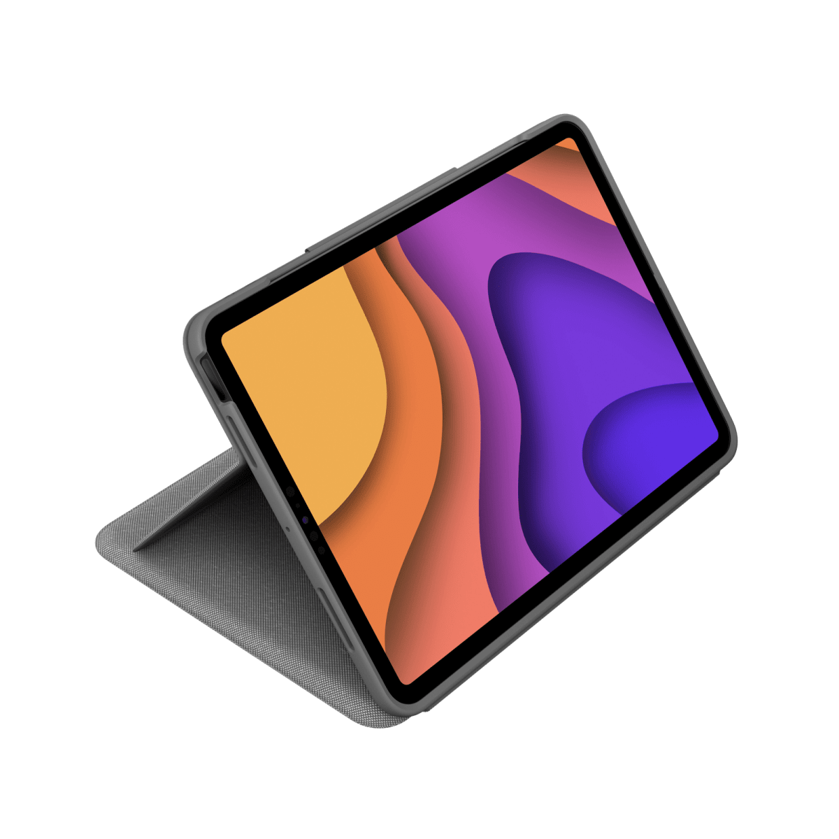 Tablet in una custodia grigia con un design astratto viola, arancione e bianco sullo schermo, vista angolata.
