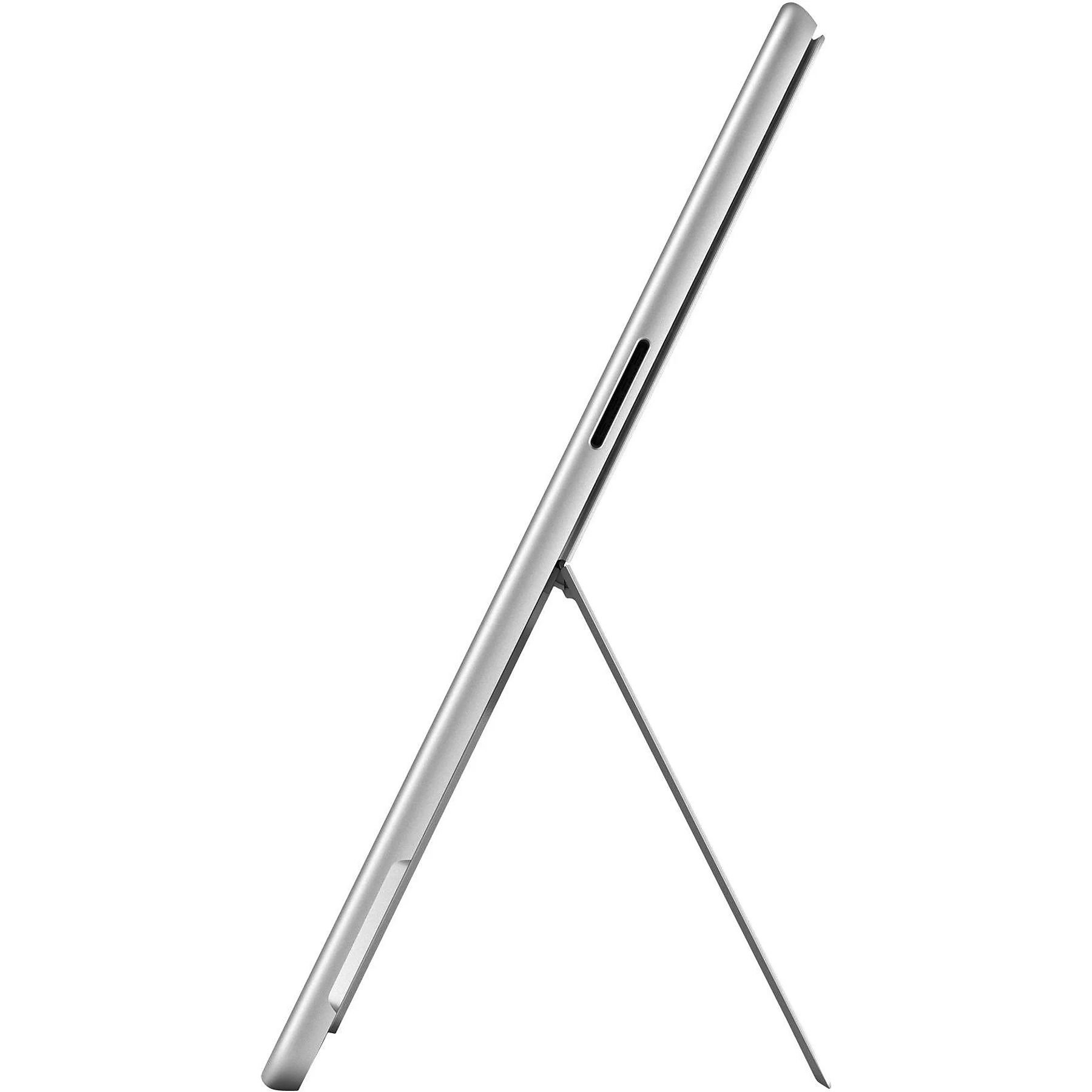 Silbernes Tablet mit Ständer. Das Tablet ist abgewinkelt und zeigt die Seite.