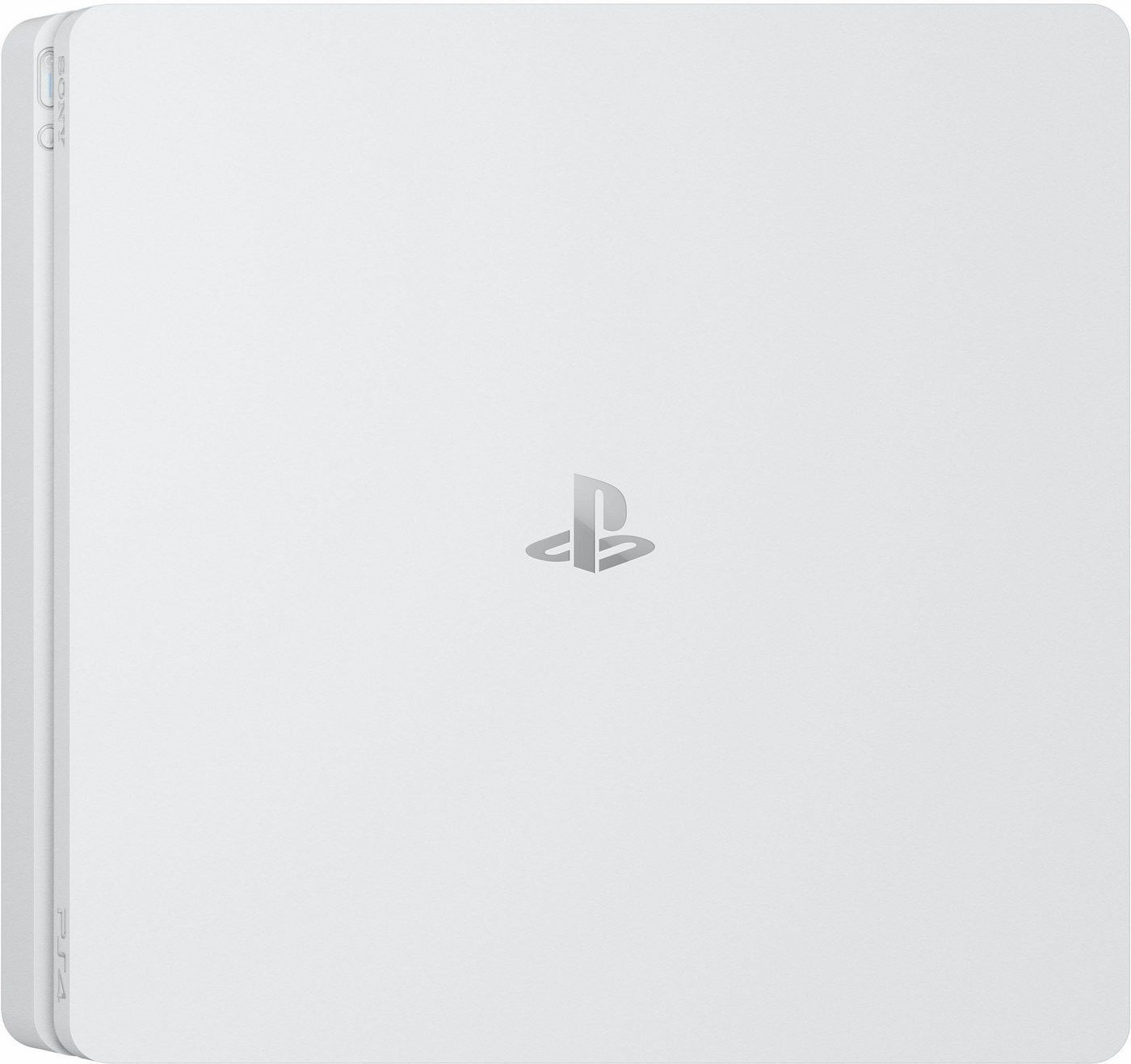 Weiße PlayStation 4 Konsole mit dem PlayStation Logo. Weißer Hintergrund.