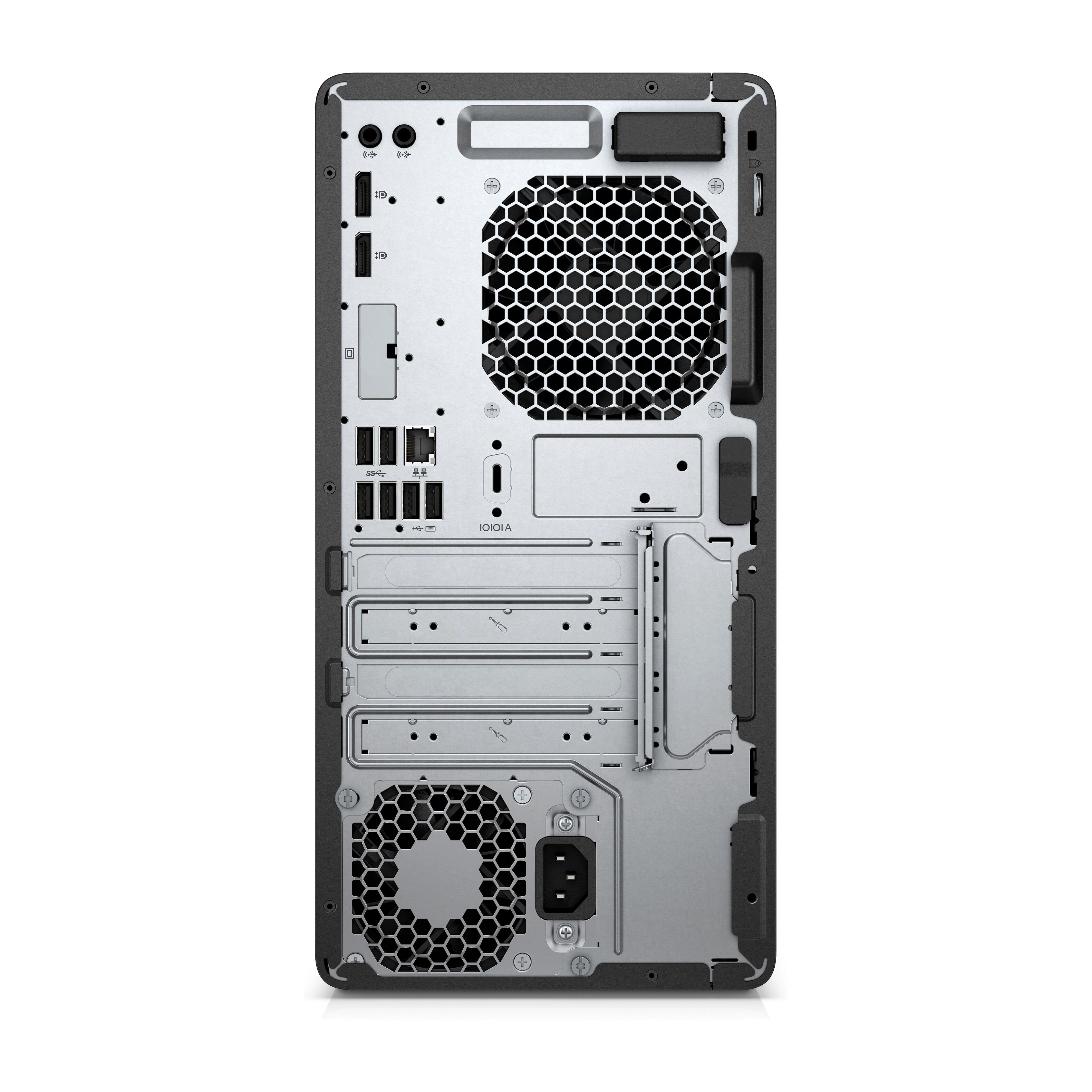 Retro di un case per computer nero. Varie porte e una grande ventola sono visibili. Sfondo bianco.