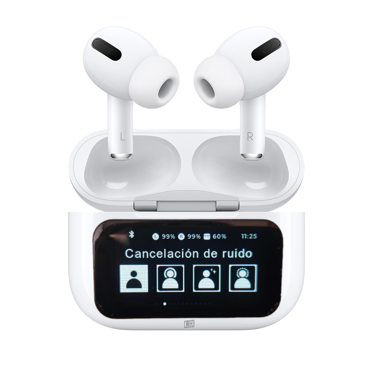 Auriculares blancos en estuche de carga, pantalla muestra cancelación de ruido.