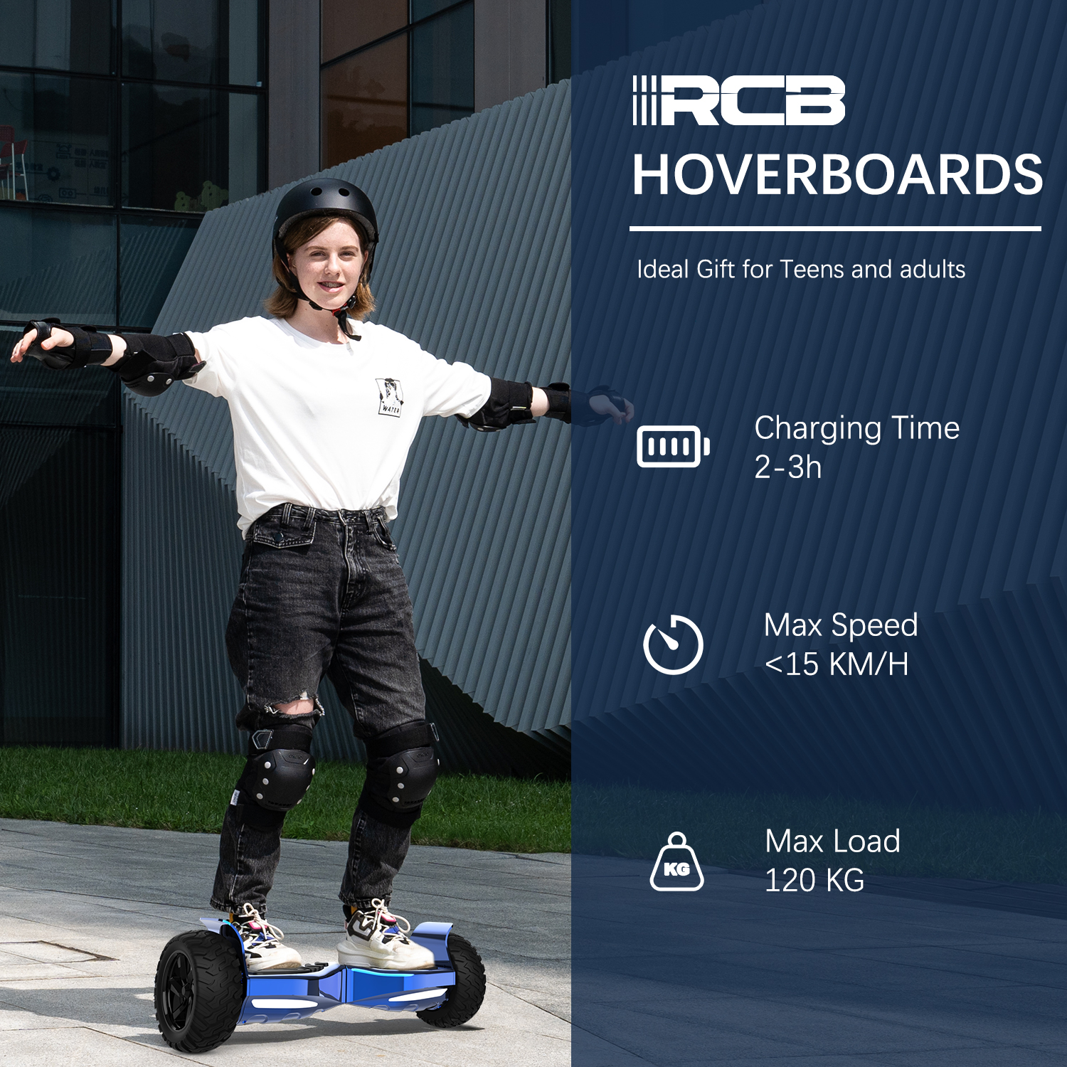Ein Mädchen auf einem blauen Hoverboard, mit Sicherheitsausrüstung. Text zeigt max. Geschwindigkeit und Last.