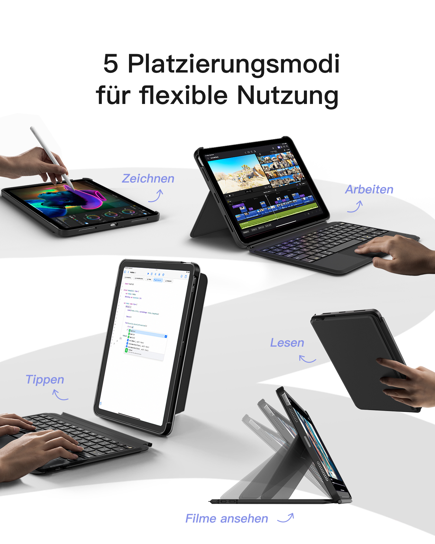 Ein Tablet in verschiedenen Positionen, das verschiedene Nutzungsmodi demonstriert.