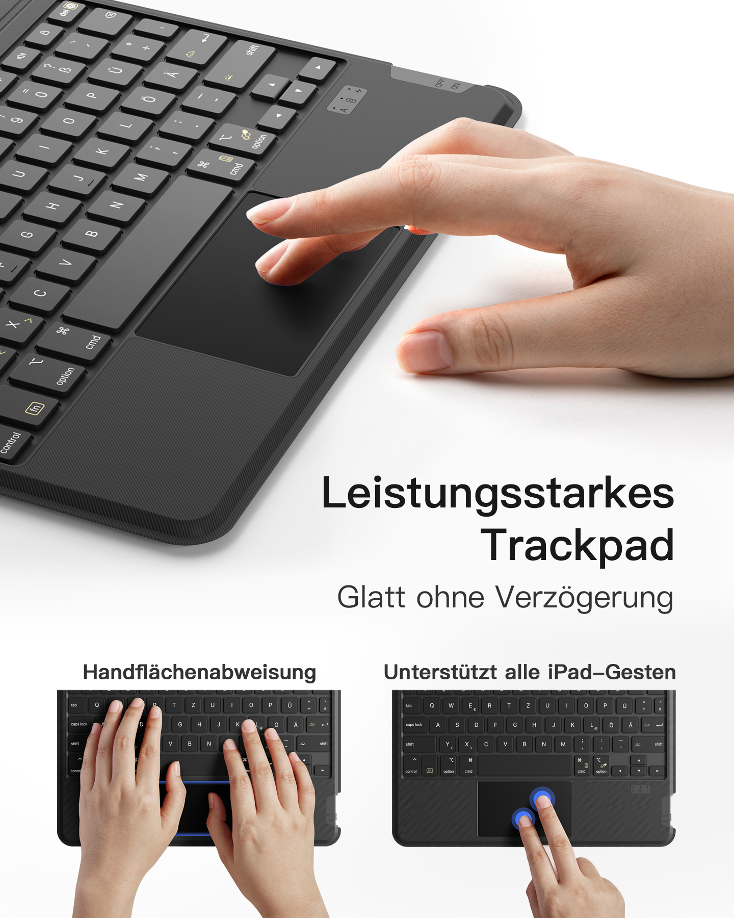 Schwarze Tastatur mit Touchpad. Ein Finger schwebt über dem Touchpad. Zusätzliche Tastaturen darunter gezeigt.