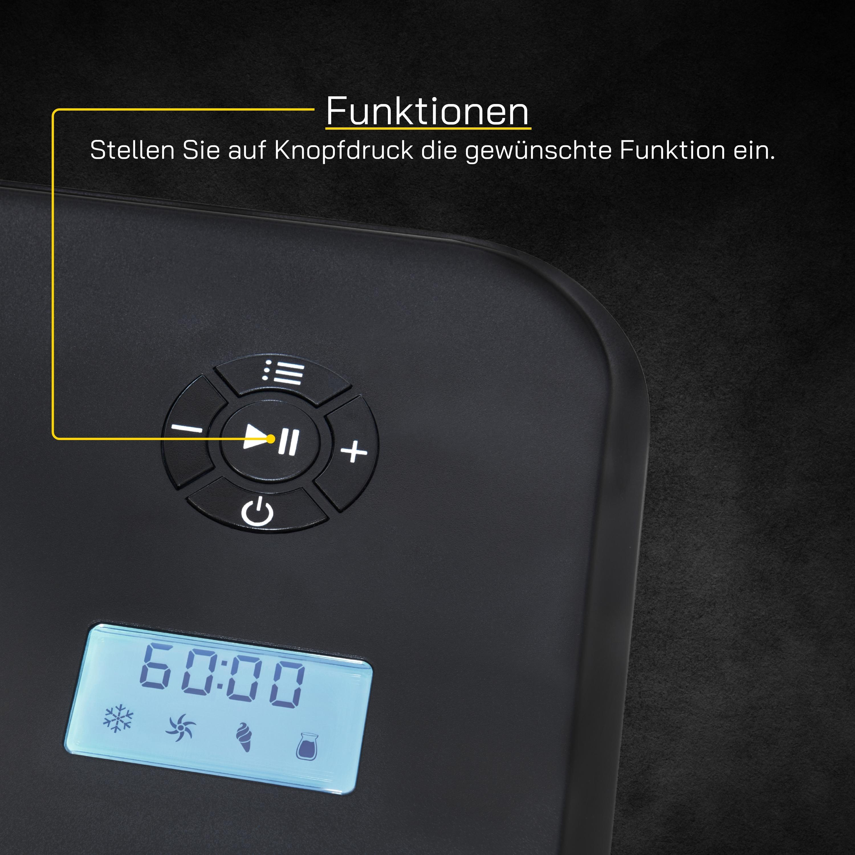Nahaufnahme eines schwarzen Geräts mit Knöpfen und einem Display. Das Display zeigt die Zeit 60:00.