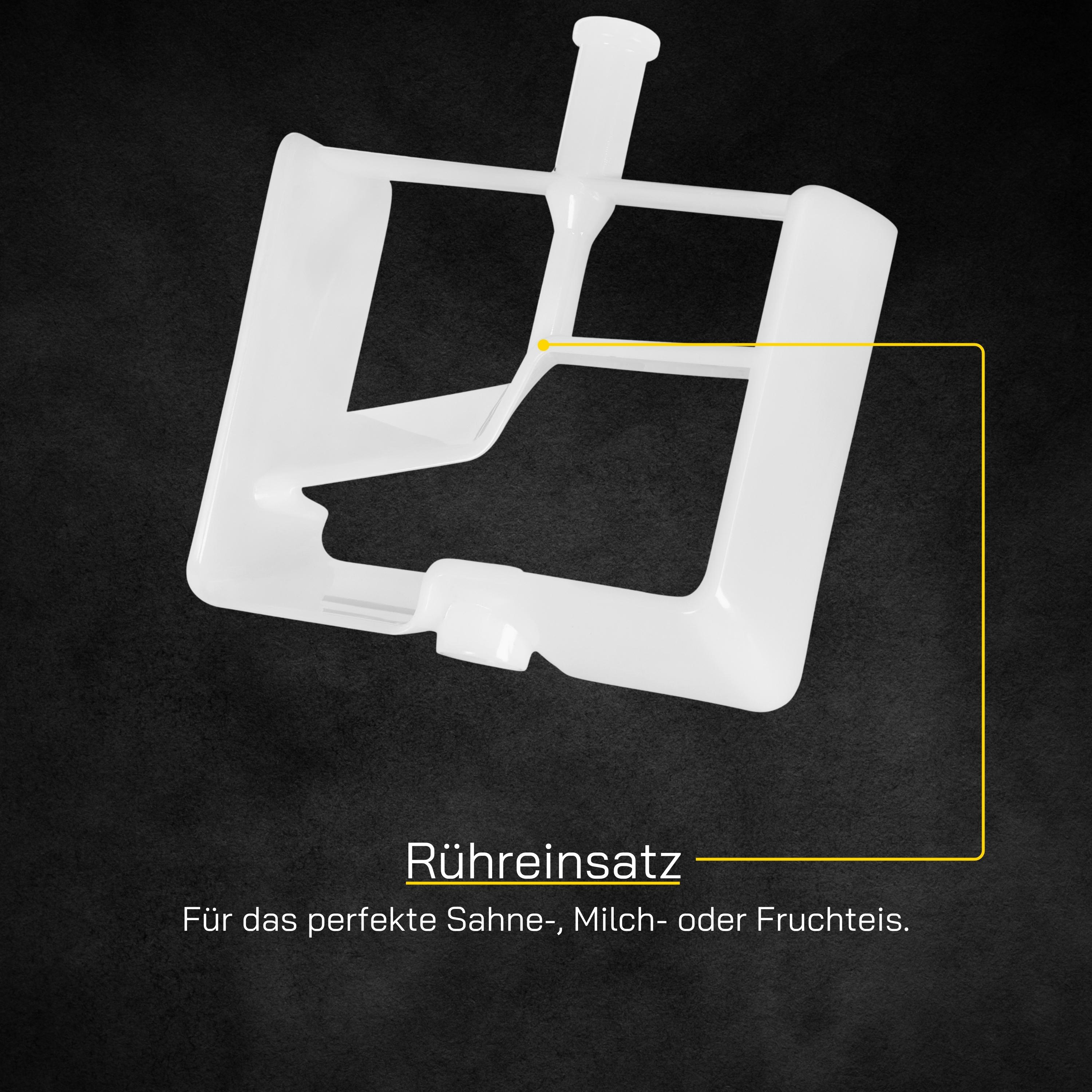 Weißes Eisbereiterteil, mit gelbem Umriss. Text: 'Rühreinsatz' und Text darunter auf Deutsch.