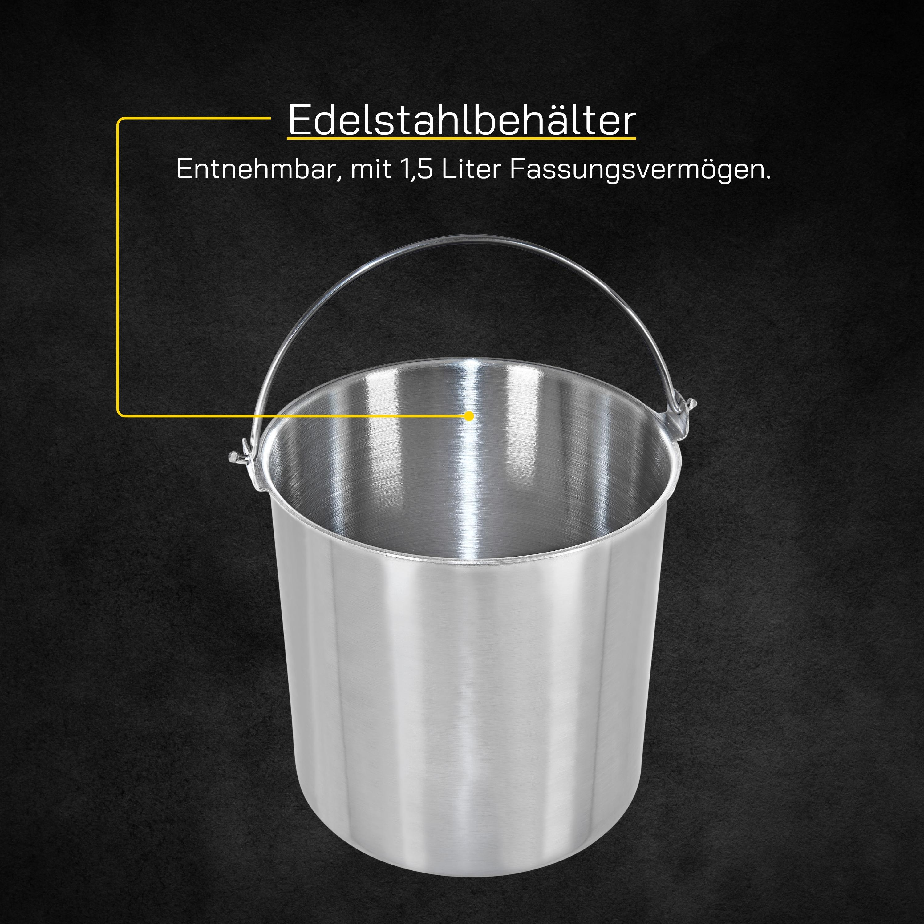 Edelstahlbehälter mit Griff und einem Fassungsvermögen von 1,5 Litern.