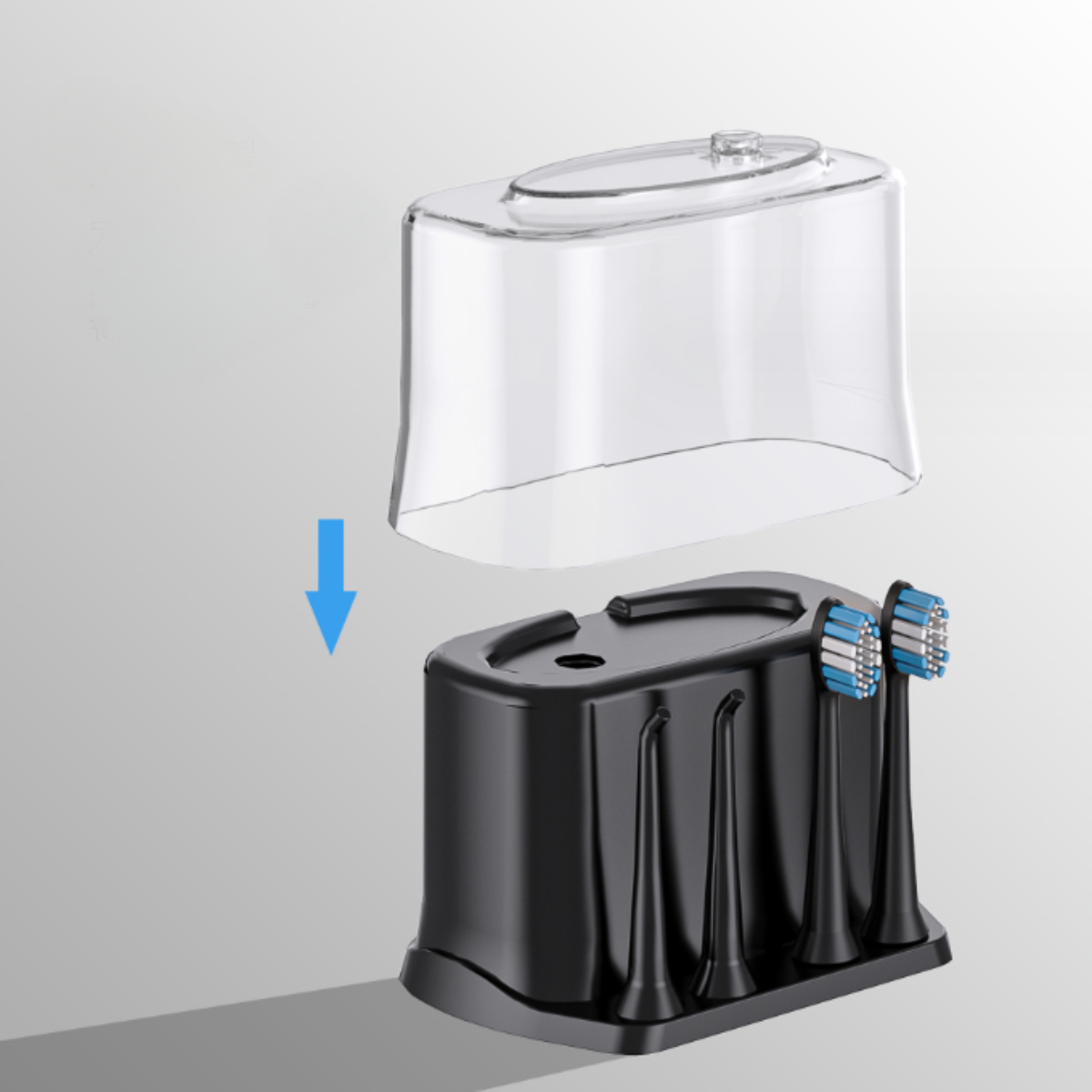 Schwarzer Zahnbürstenhalter mit 3 Bürstenköpfen und transparentem Deckel. Weißer Hintergrund.