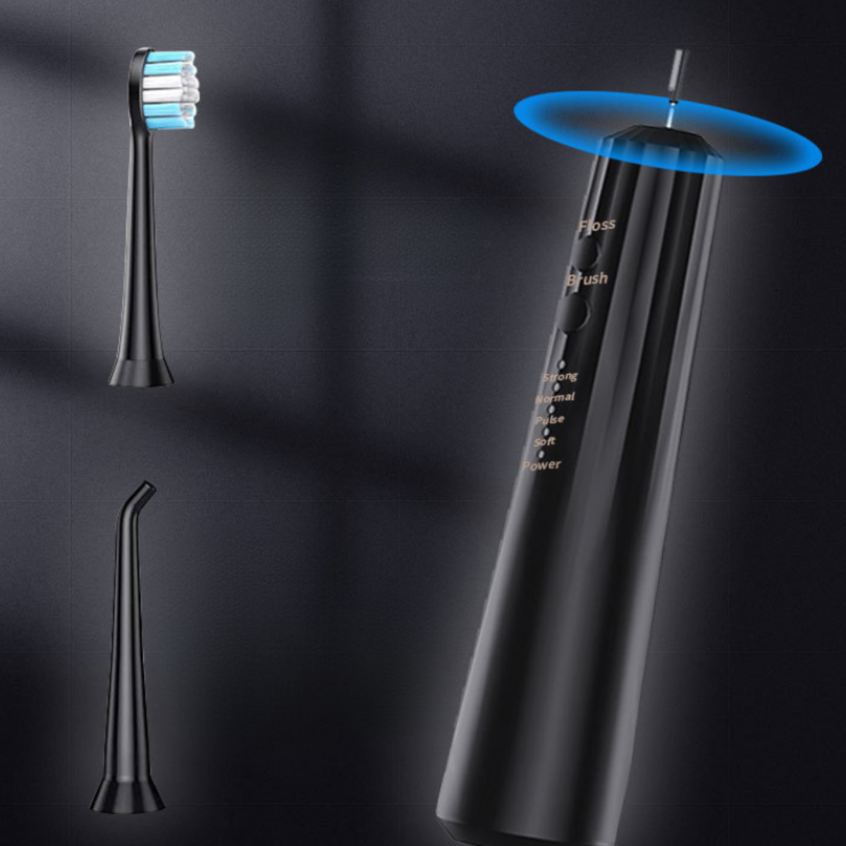 Schwarze elektrische Zahnbürste mit drei Bürstenköpfen und blauem Highlight um den Bürstenkopf.