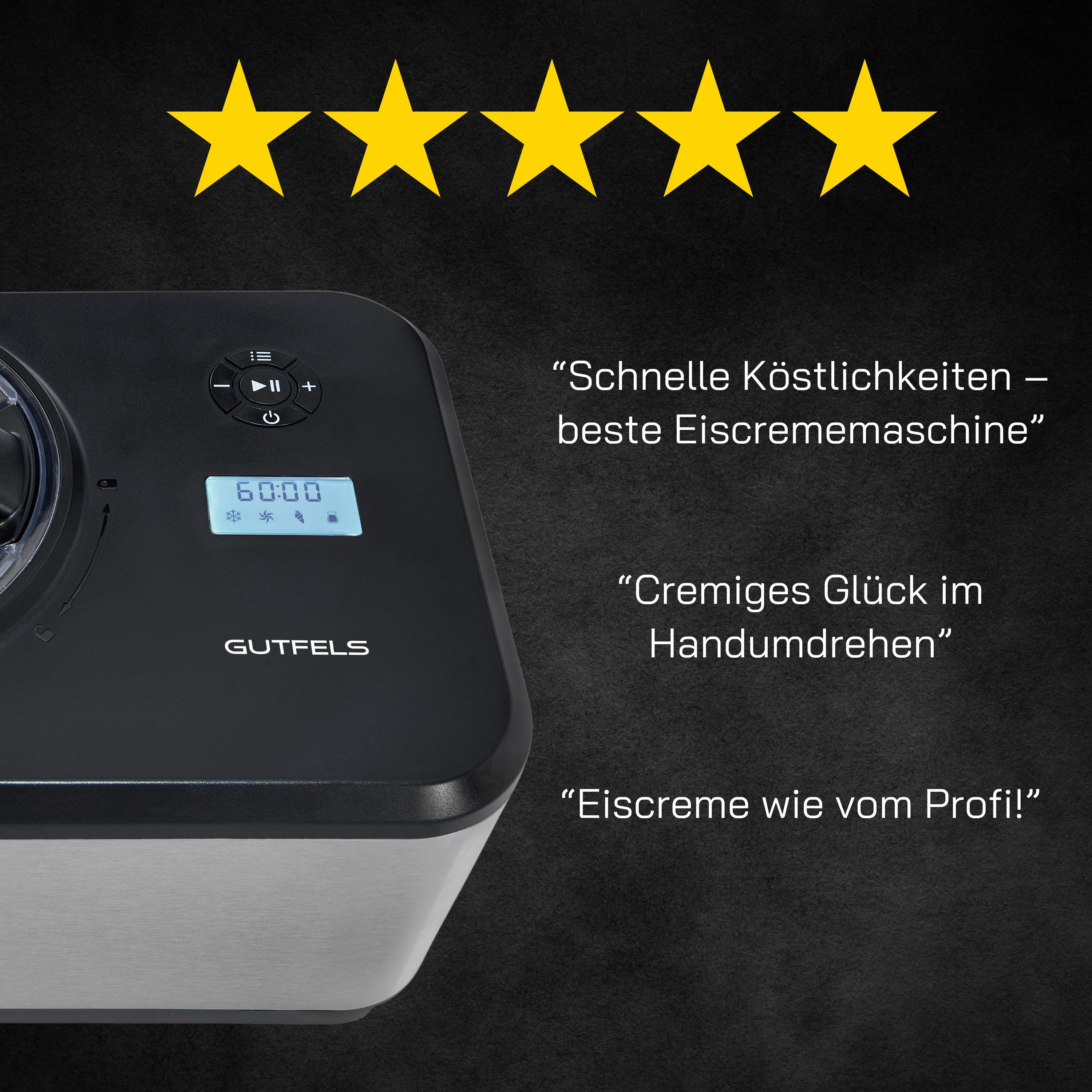 Schwarze Eismaschine mit Digitalanzeige und Text auf dunklem Hintergrund.