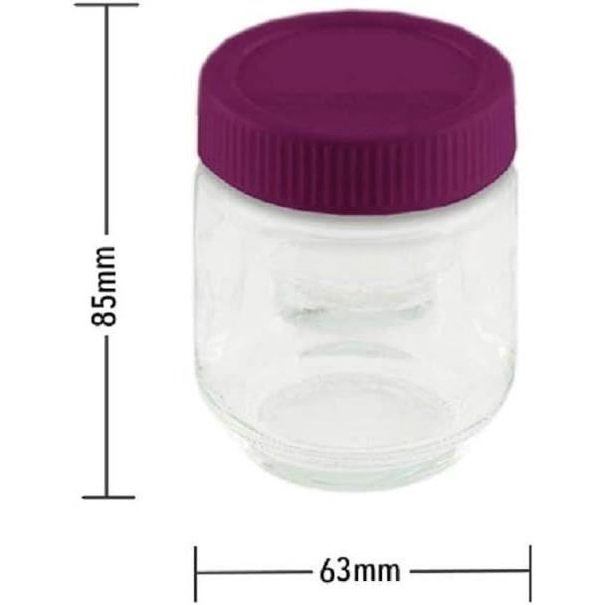 Mały, szklany słoik z fioletową pokrywką z wymiarami w mm.