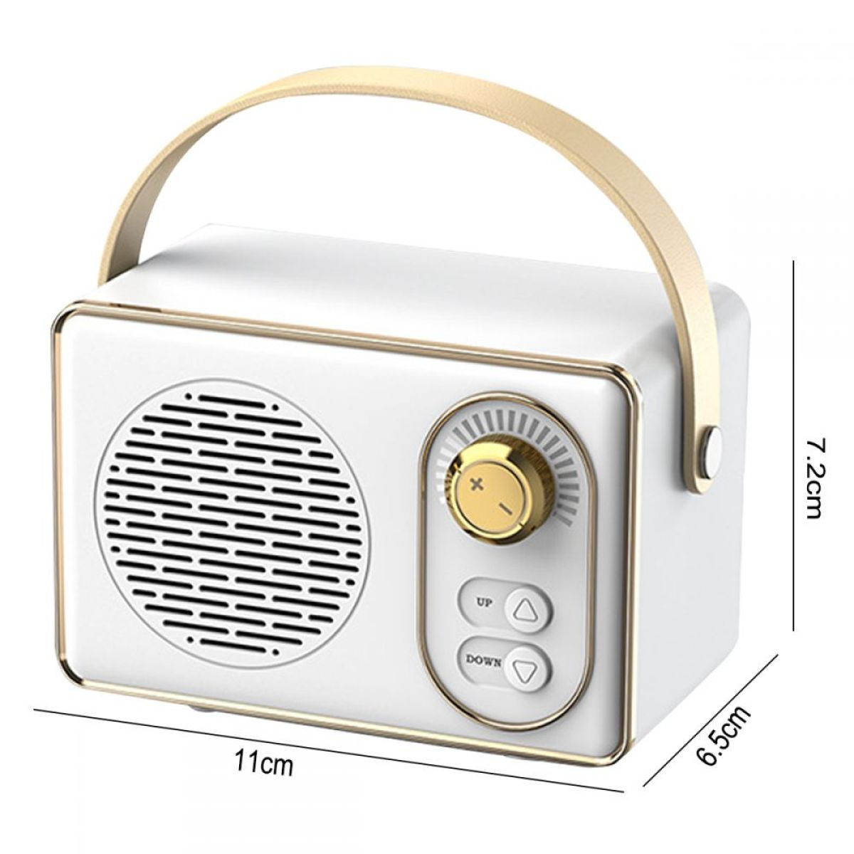 Ein weißes und goldenes Radio im Retro-Stil mit beschrifteten Abmessungen, Griff, Drehknopf und Knöpfen.