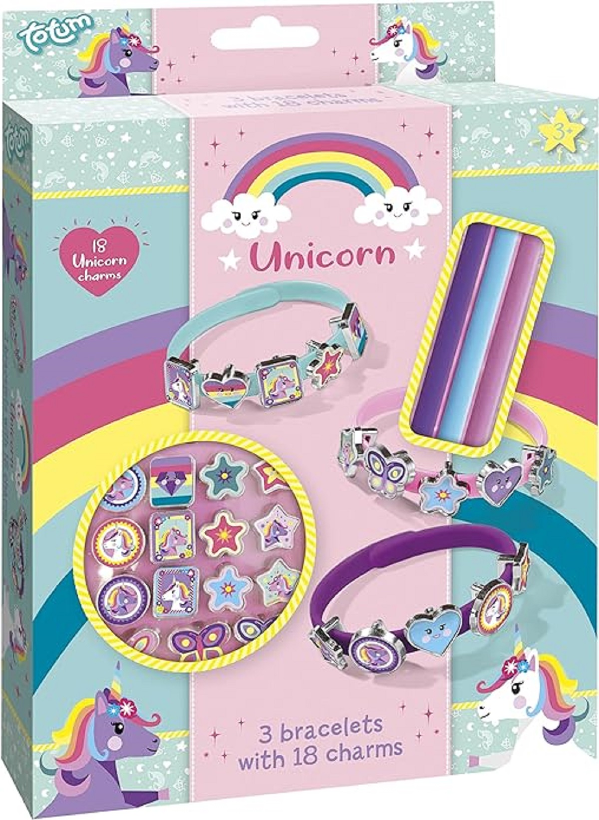 Box-Set mit Einhorn-Armbändern mit Anhängern. Die Box zeigt die Armbänder und Anhänger.