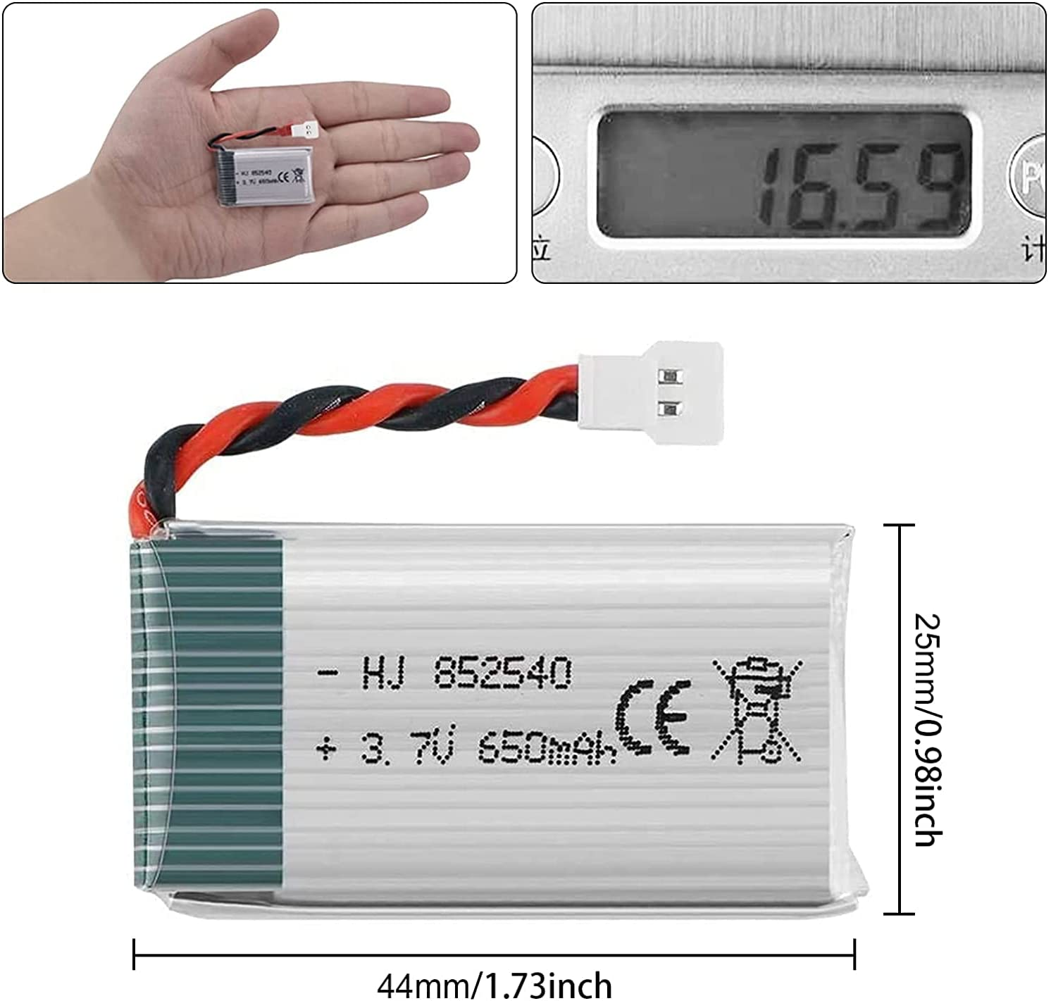 Eine kleine Batterie mit schwarz-roten Drähten, eine Größentabelle und eine Hand, die die Batterie hält, werden gezeigt.