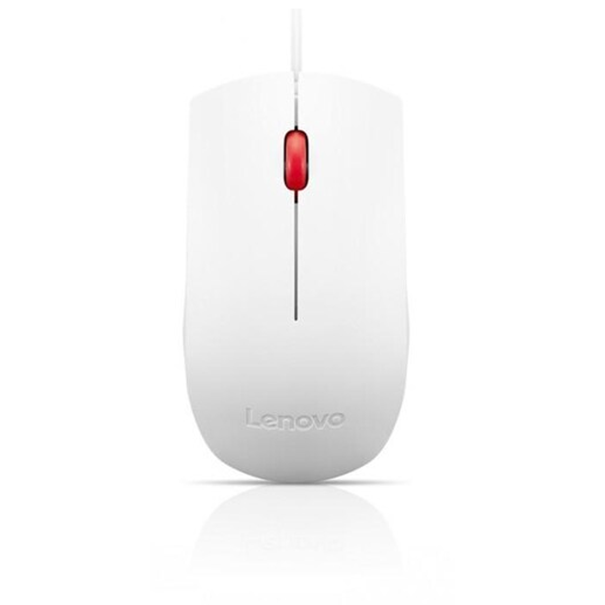 Biała mysz Lenovo z czerwonym kółkiem przewijania i cienkim przewodem.