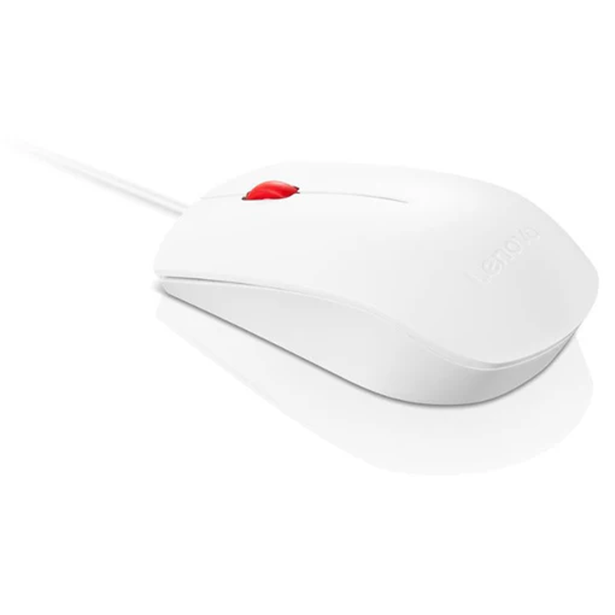 Biała mysz Lenovo z czerwonym przyciskiem i białym kablem.