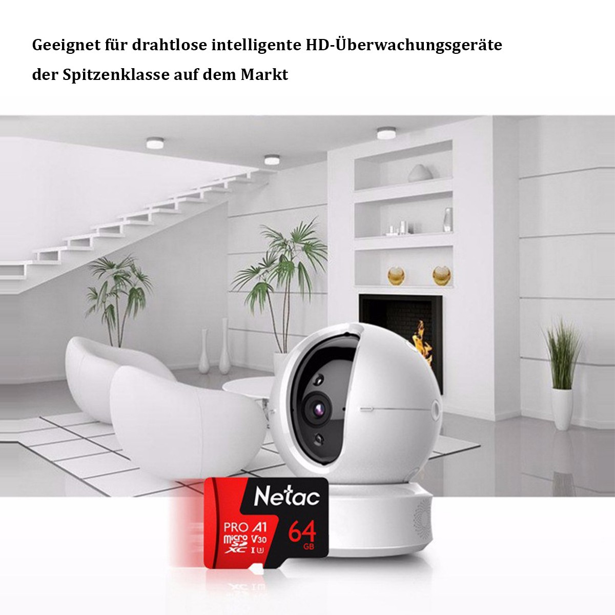 Weiße Überwachungskamera und eine rote Speicherkarte im Raum.