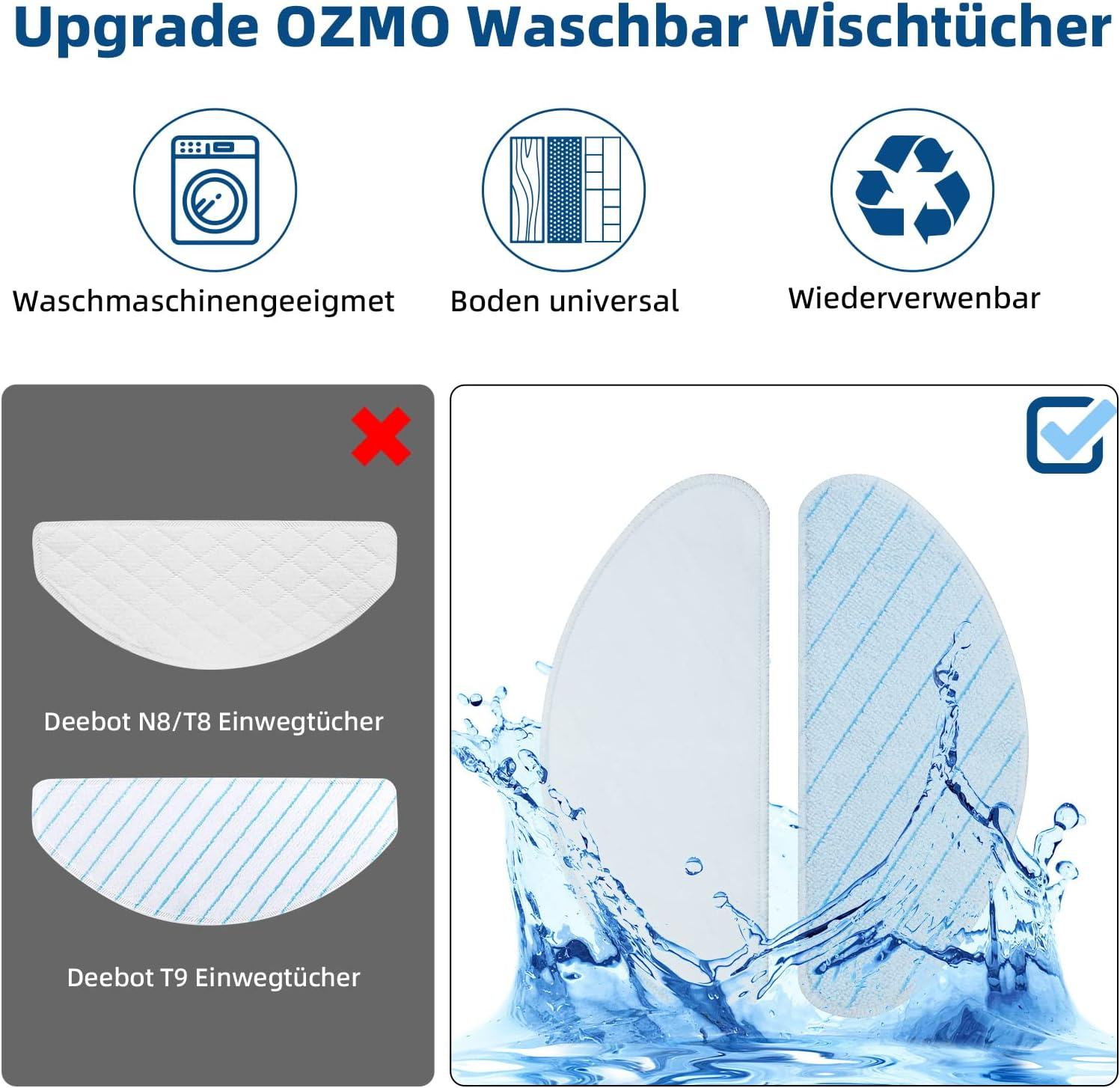 Zwei Reinigungspads. Eines mit rotem X, das andere mit Häkchen. Der Text oben lautet 'Upgrade OZMO'.