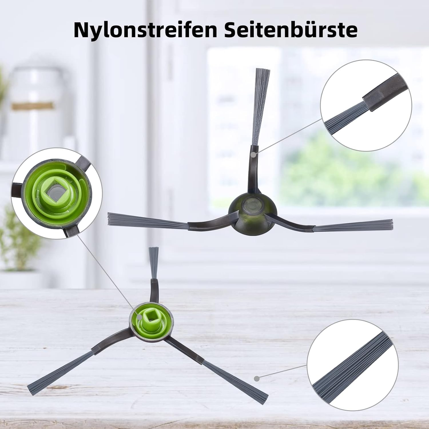 Roboter-Staubsauger-Bürsten, Nahaufnahme der Teile. Text: Nylon-Seitenbürsten.