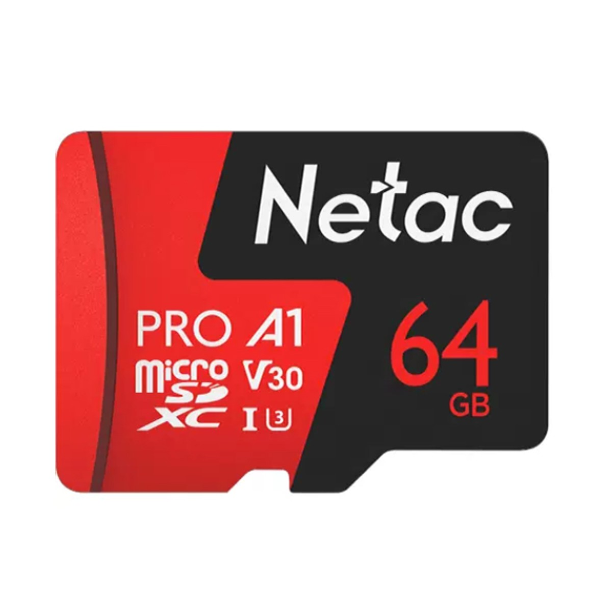 Eine rot-schwarze Micro-SD-Karte mit Netac-Logo und 64 GB Kapazität, vor weißem Hintergrund.
