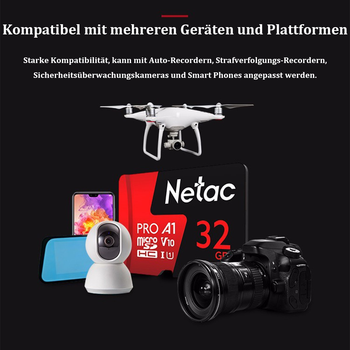 Verschiedene Geräte, darunter eine Drohne, eine SD-Karte, eine Kamera und ein Smartphone.