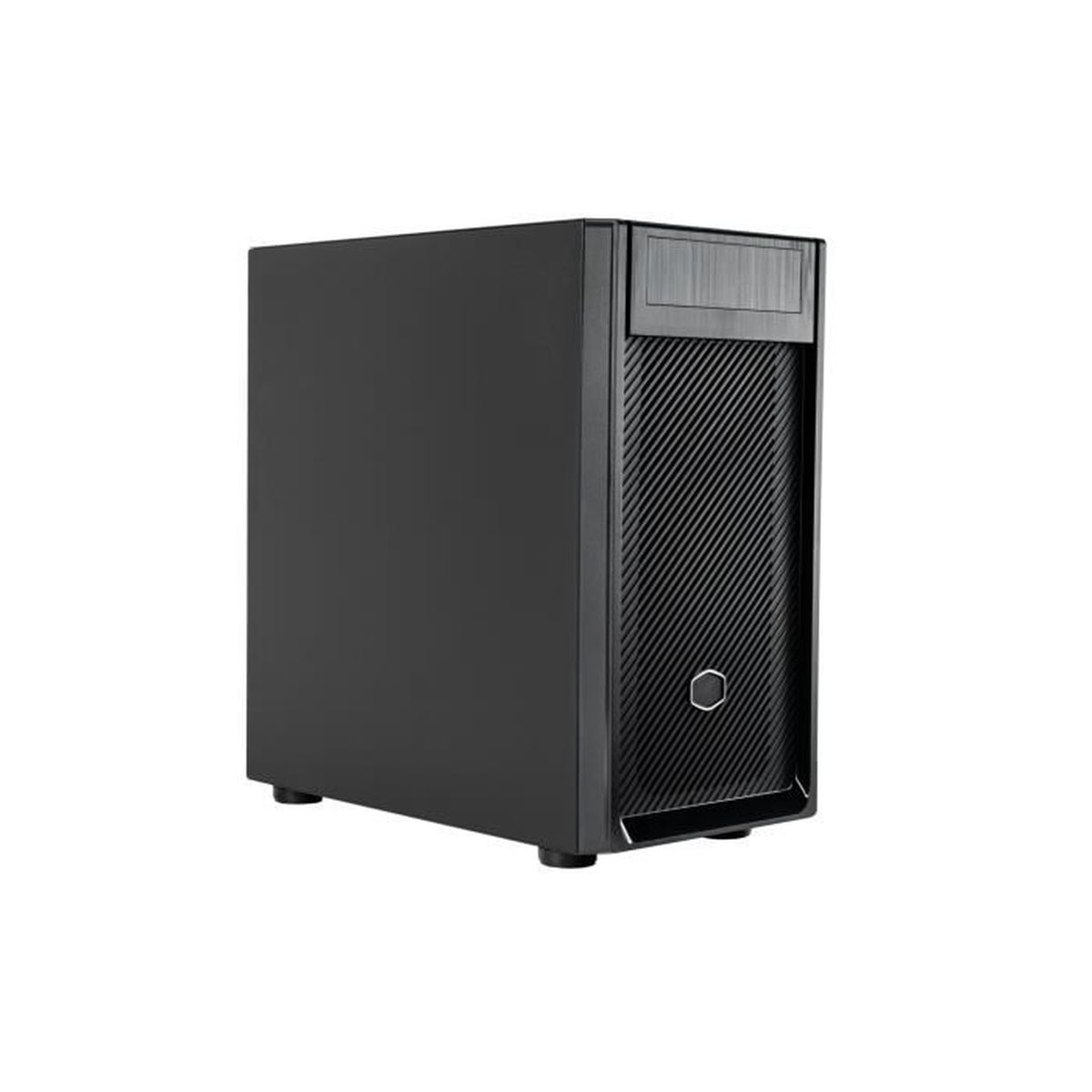 Black computer case with a front panel that has vertical lines and a power button.
