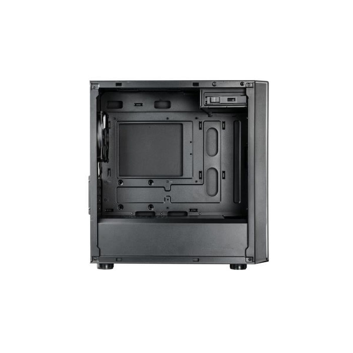 A black computer case. The front is open, showing the inside with space for components.
