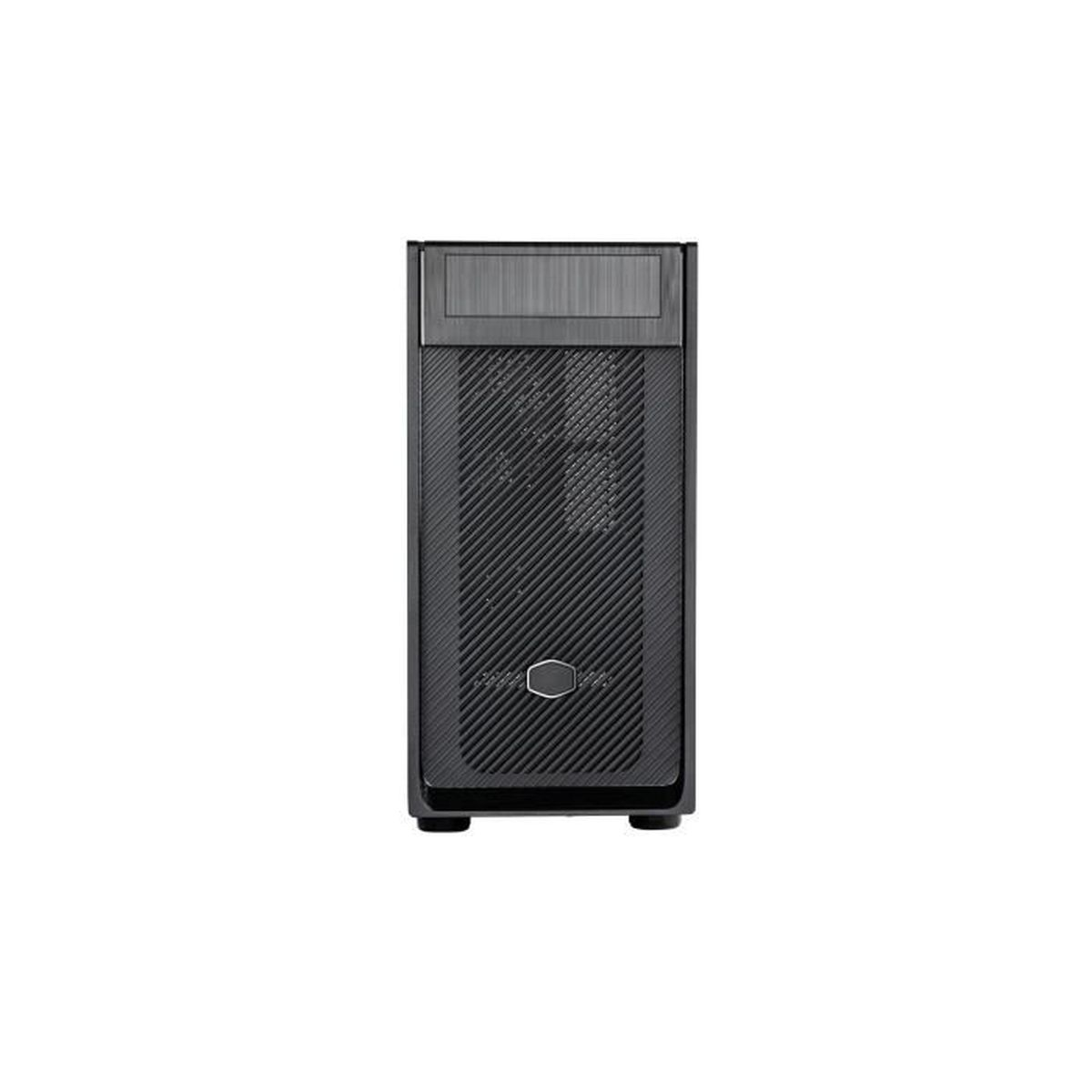 A black computer case with a mesh front and a silver logo on a white background.