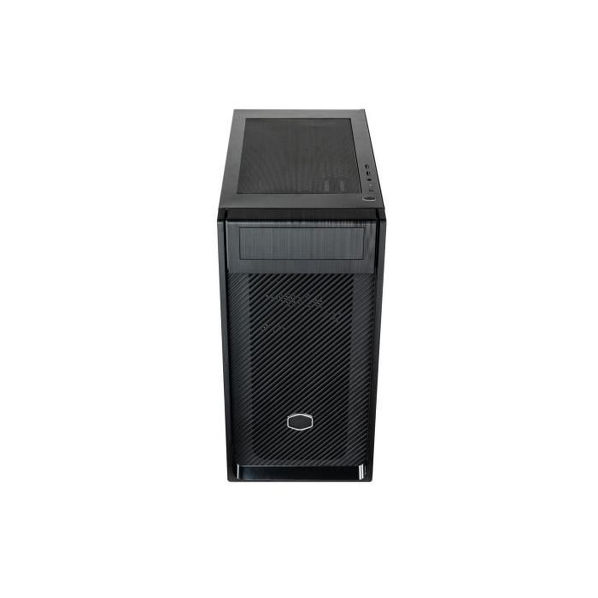 Black computer case with a mesh front panel, top view.