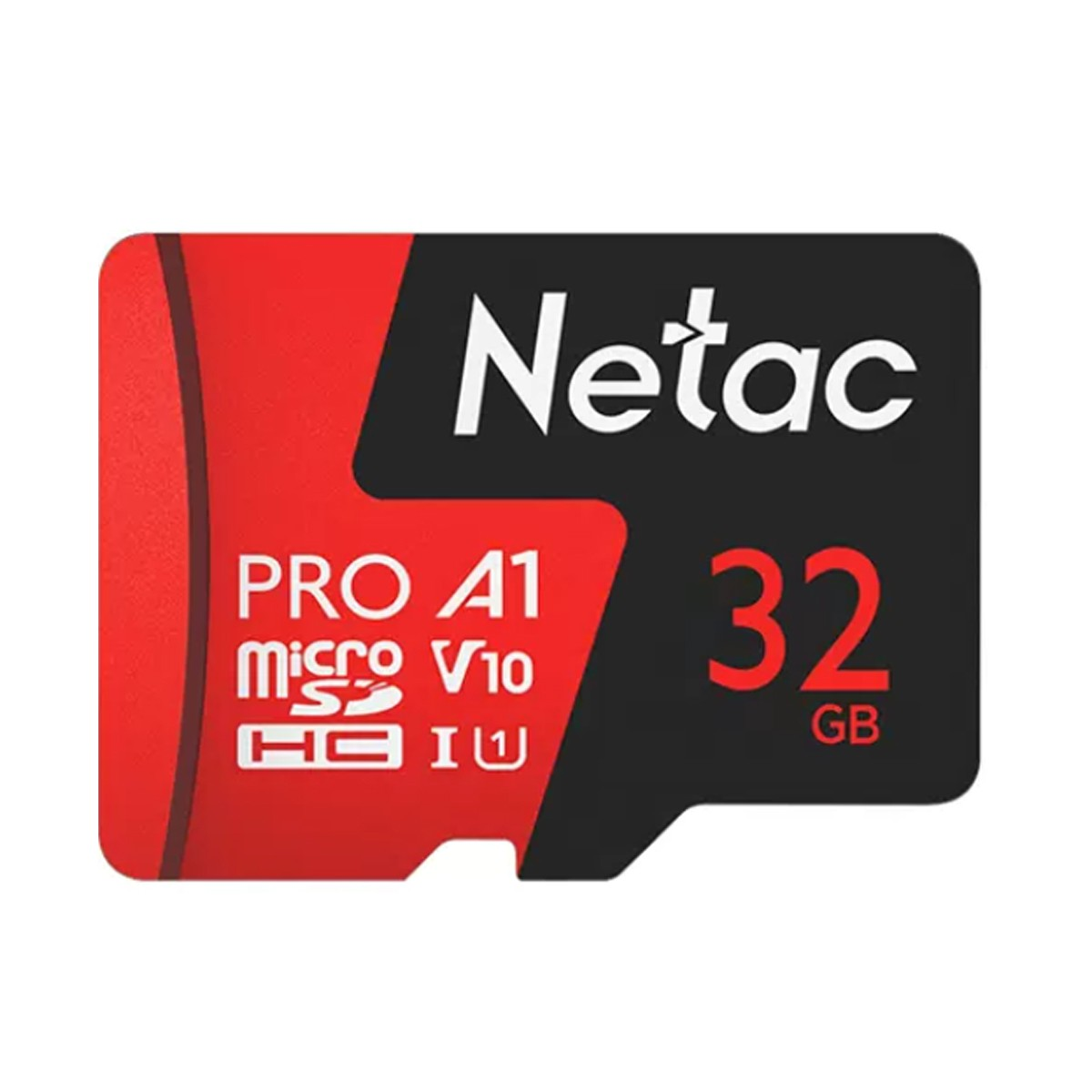 Netac 32GB Micro-SD-Karte. Rotes und schwarzes Design. Text: Pro A1, Micro V10, HG I U.