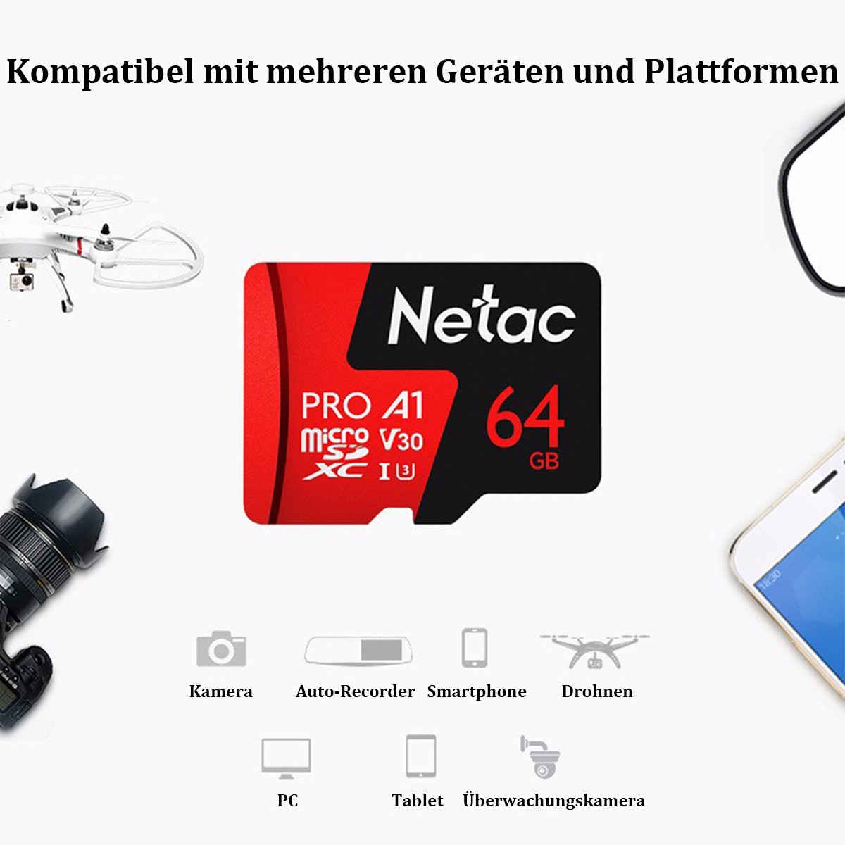 Eine Netac 64 GB Micro-SD-Karte mit verschiedenen Geräten: Kamera, Drohne, Telefon, etc.