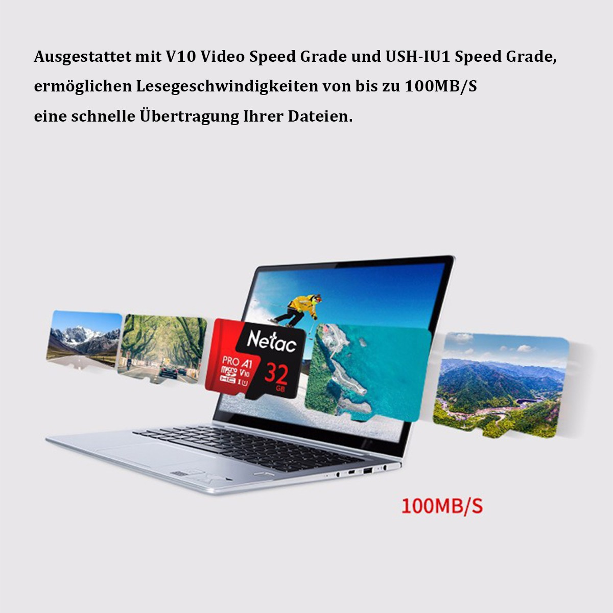 Ein Laptop zeigt Landschaftsbilder und eine rote SD-Karte mit Text auf dem Bildschirm.