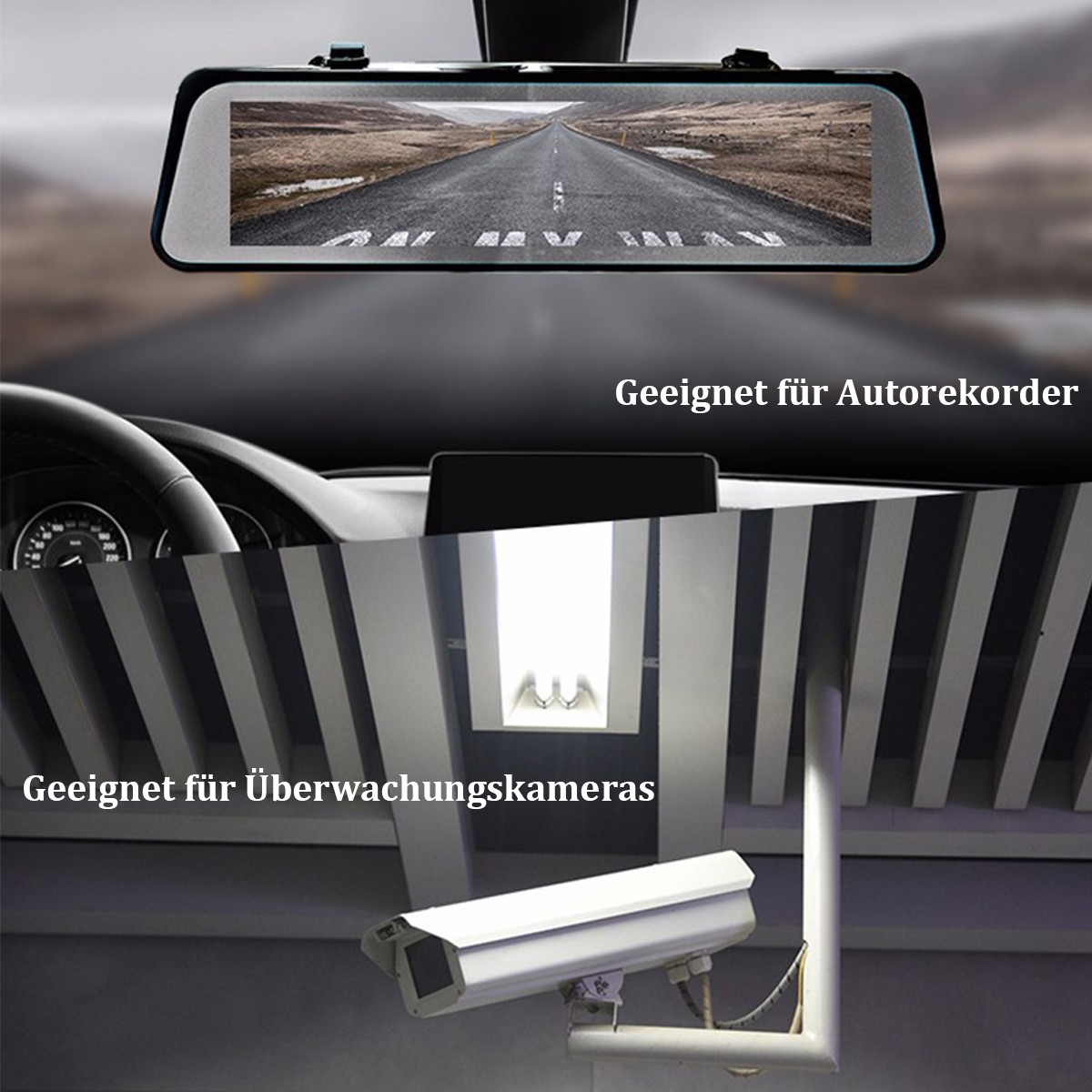 Bild eines Autoinnenraums und einer CCTV-Kamera, mit Text, der ihre Verwendungen angibt.