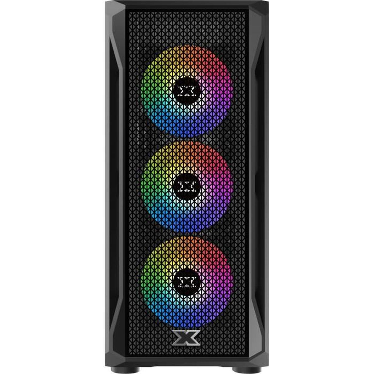 A black computer case with three circular RGB fans. The fans are lit up with various colors.