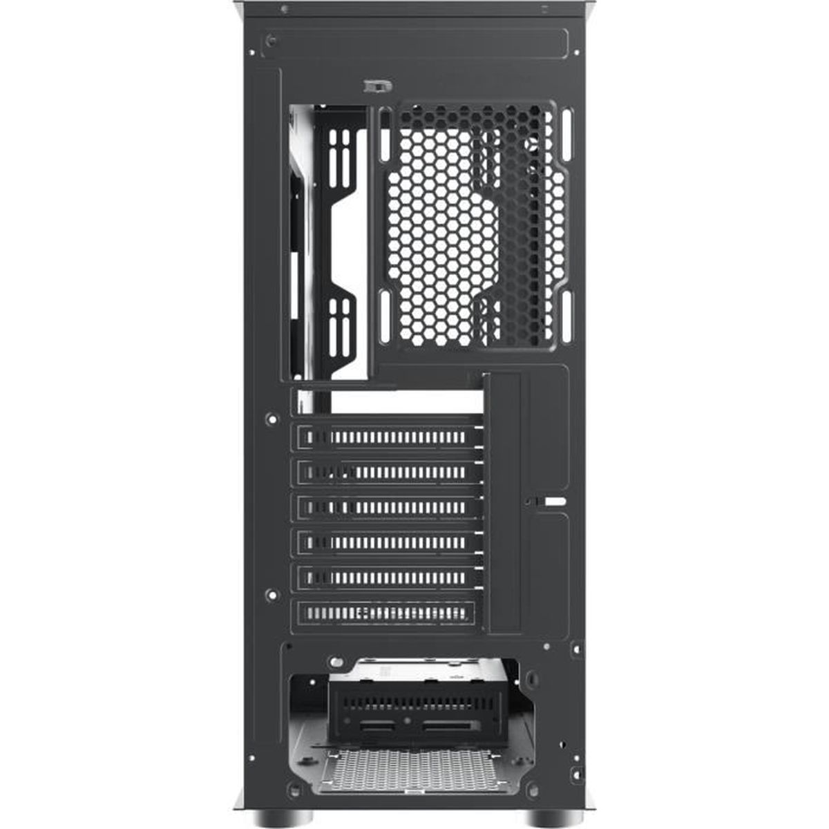An open computer case, with various compartments and ventilation grilles visible.